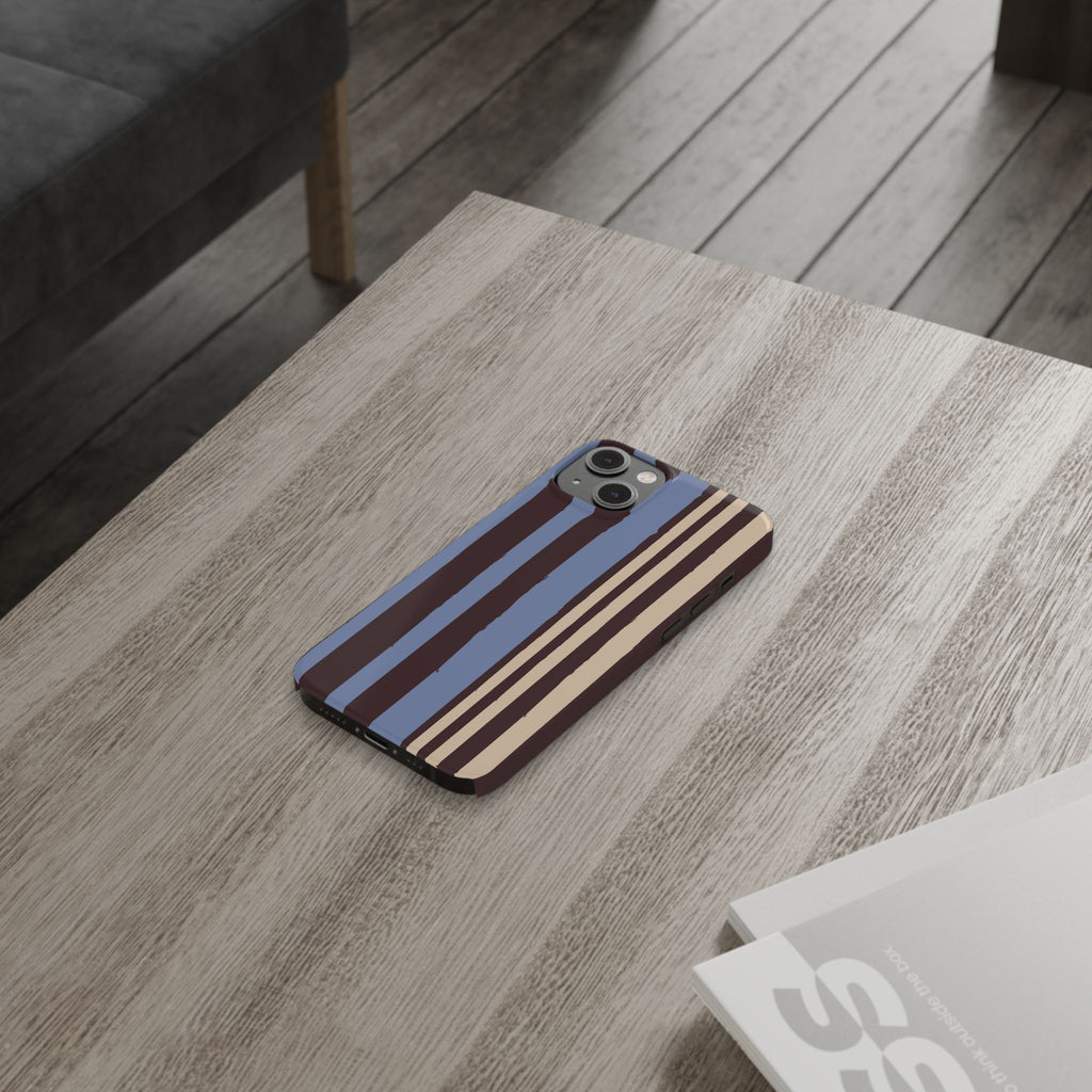 Retro Striped Slim Phone Case — Blue, Brown & Cream Vertical Stripes