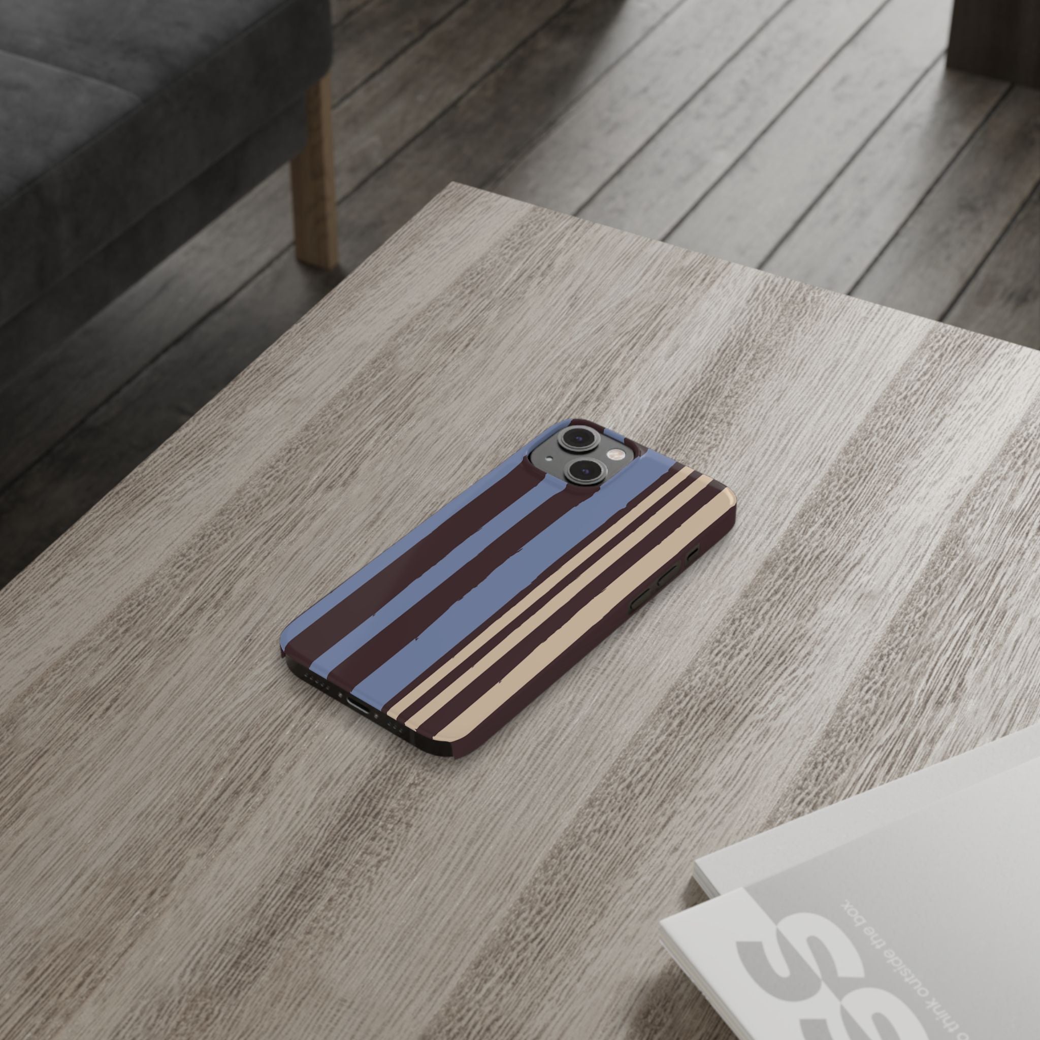 Retro Striped Slim Phone Case — Blue, Brown & Cream Vertical Stripes