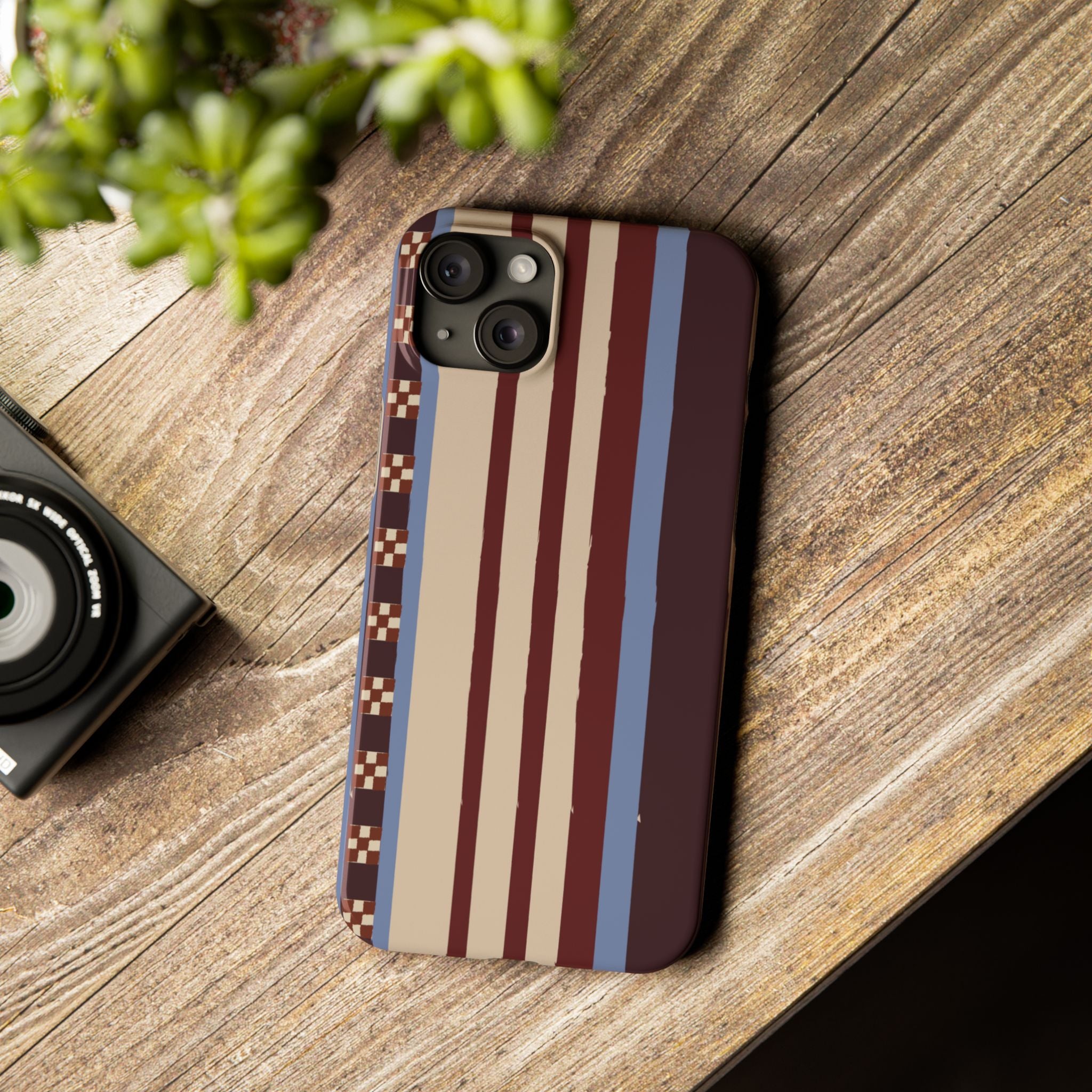Slim Phone Case — Retro Striped Beige, Maroon & Blue Pattern