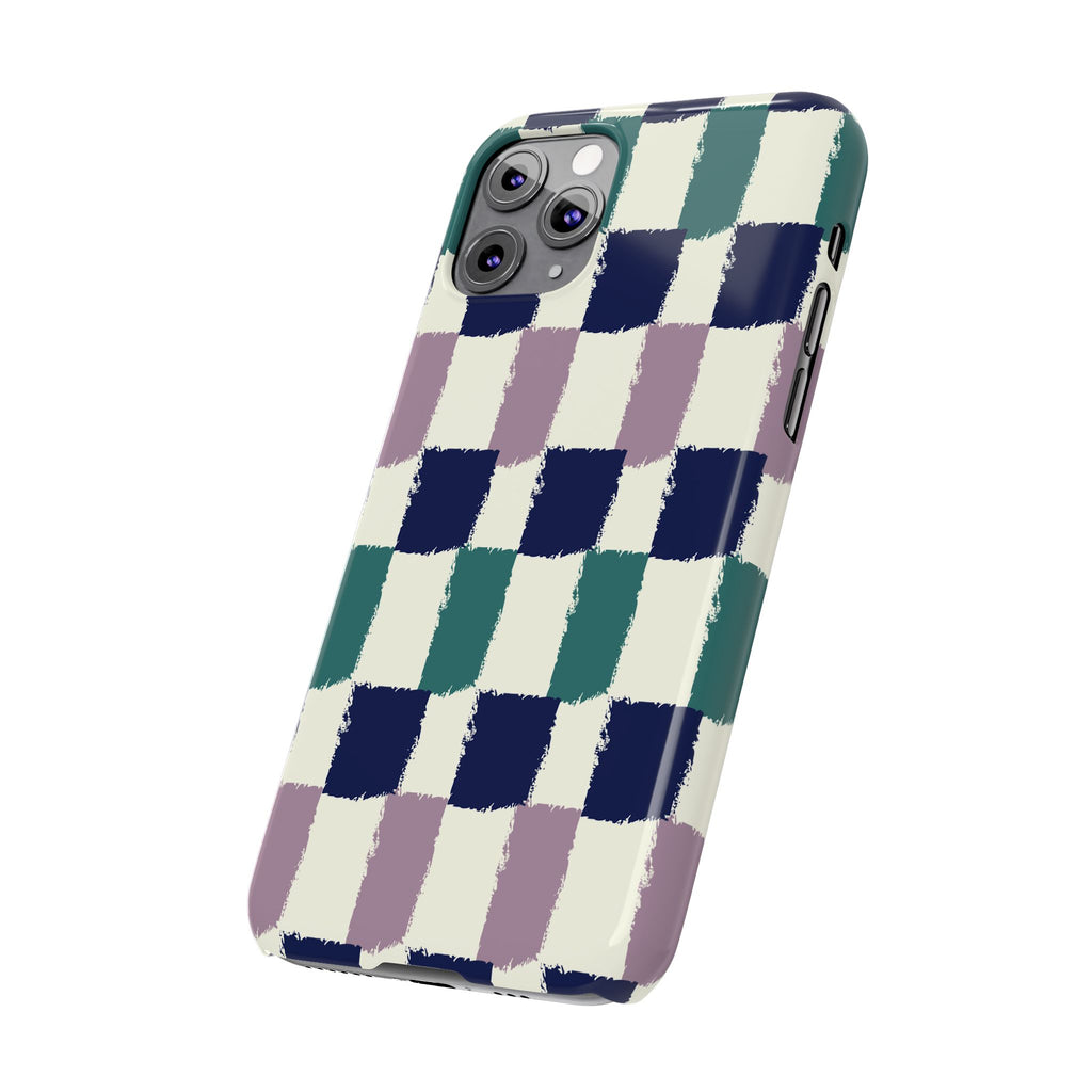 Painterly Check Slim Phone Case — Hand-Painted Navy, Teal & Lavender Grid