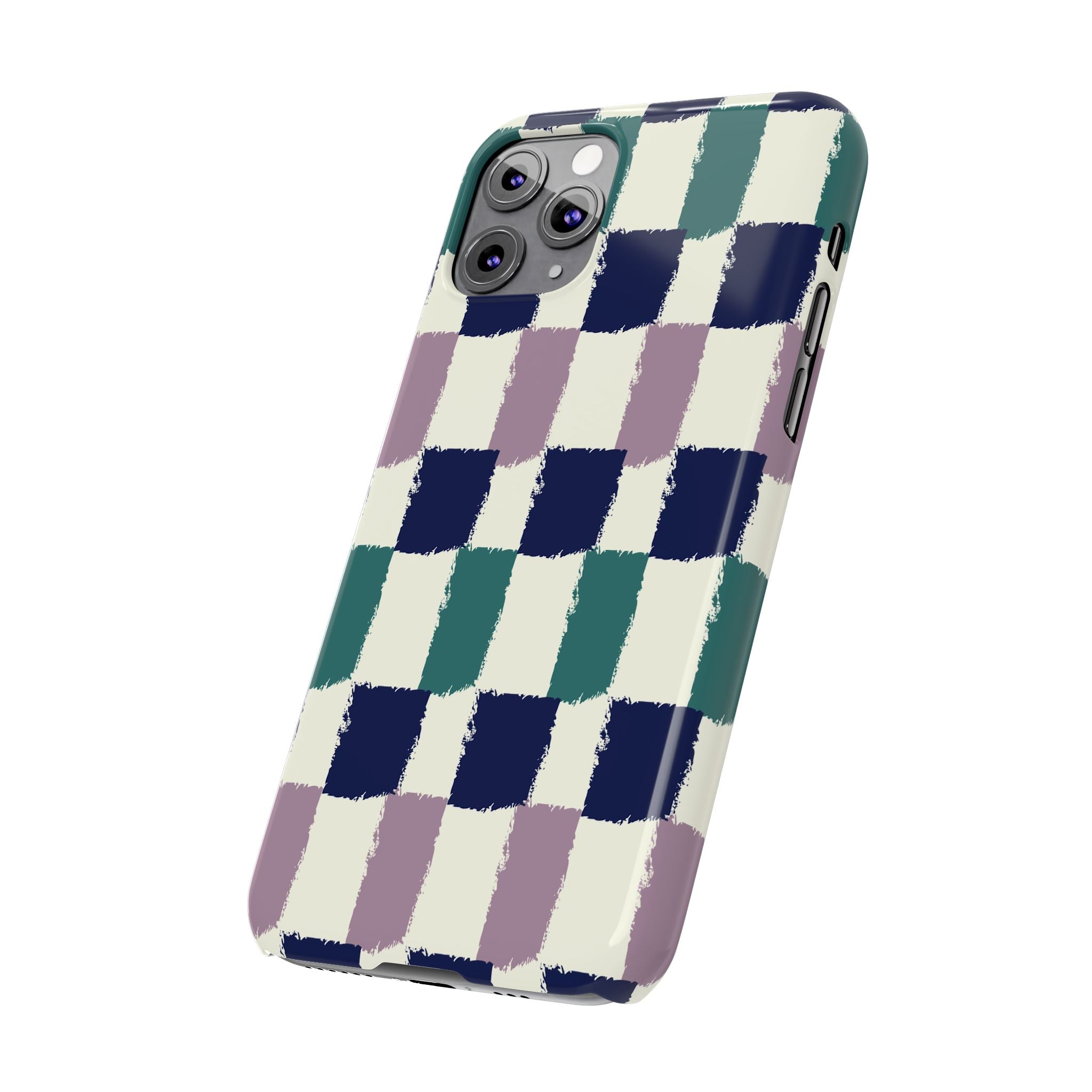 Painterly Check Slim Phone Case — Hand-Painted Navy, Teal & Lavender Grid