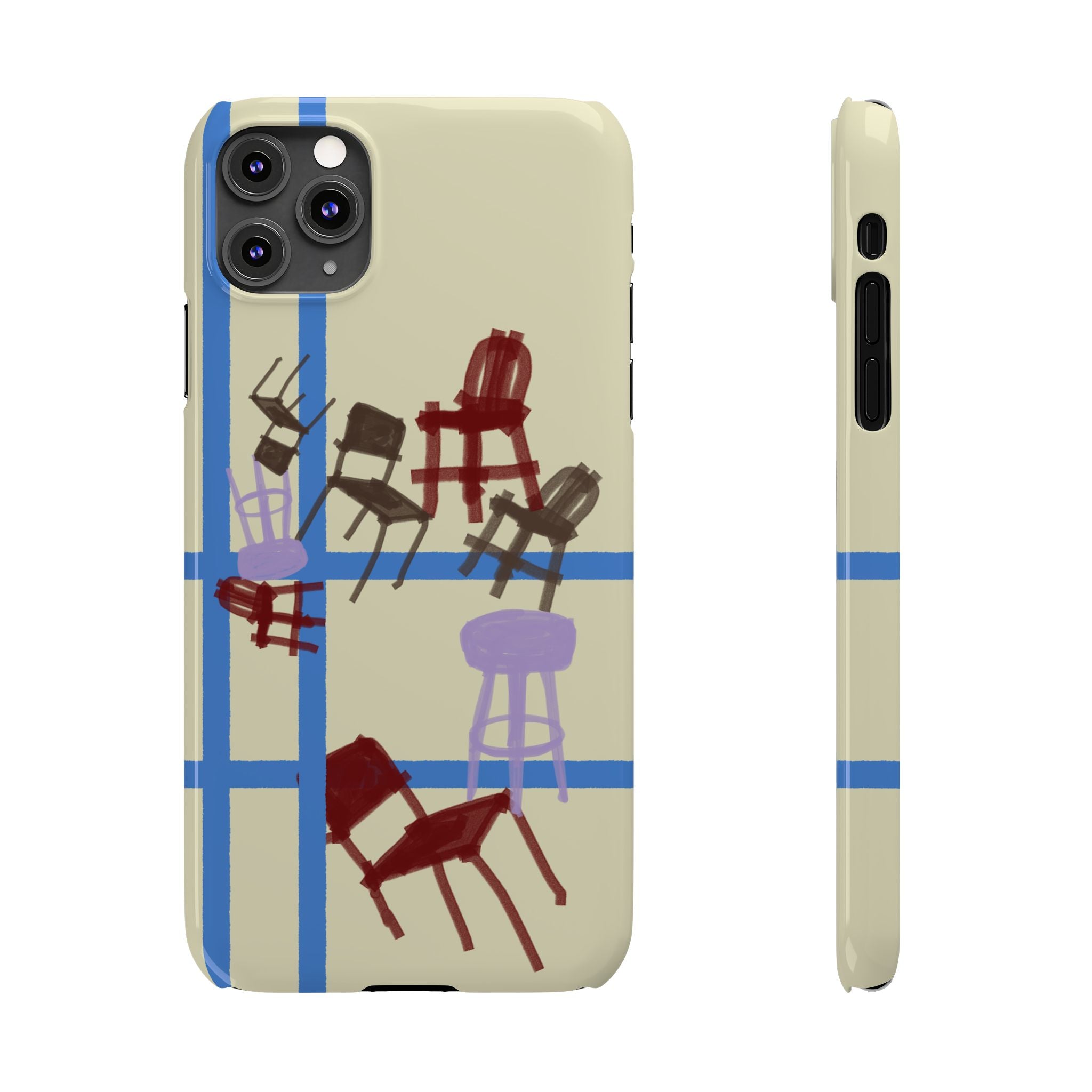 Slim Phone Case — Retro Chairs Pattern on Cream with Blue Grid Backroom-Inspired