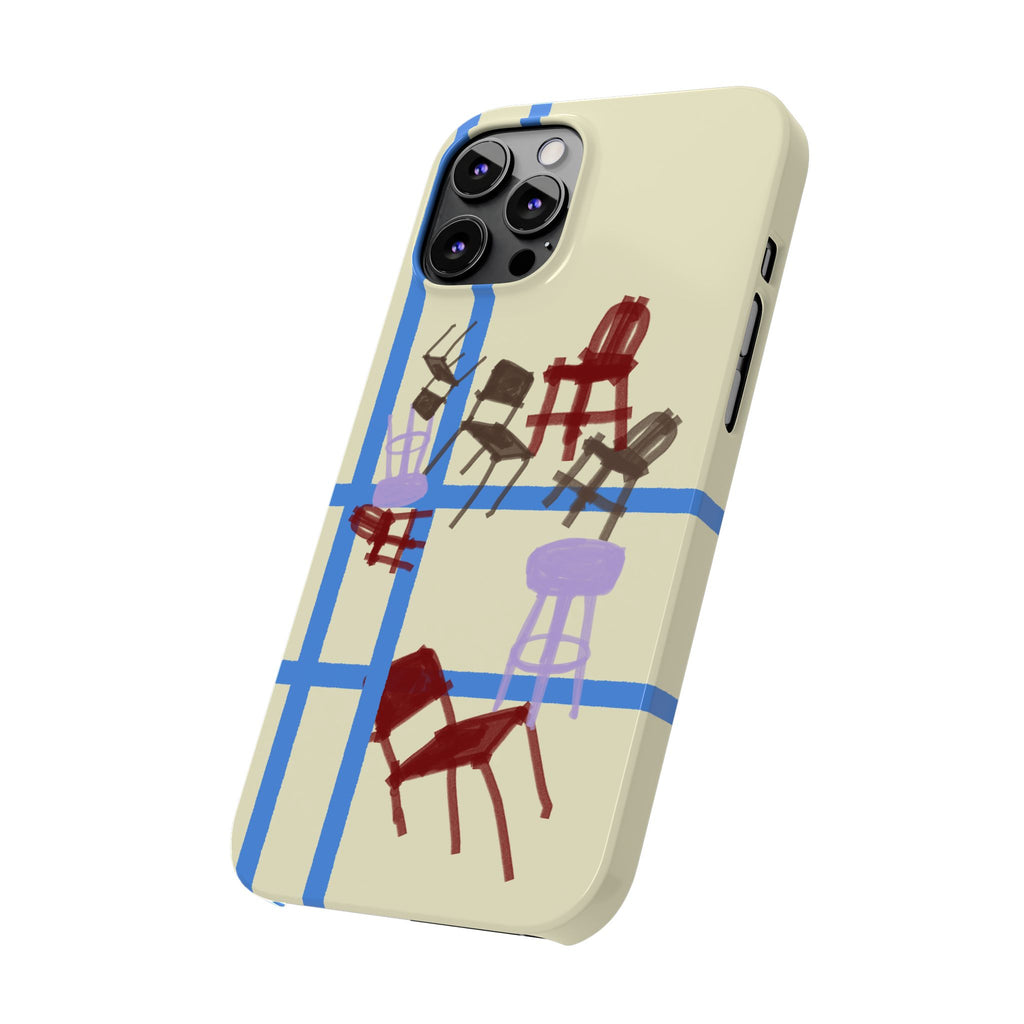 Slim Phone Case — Retro Chairs Pattern on Cream with Blue Grid Backroom-Inspired