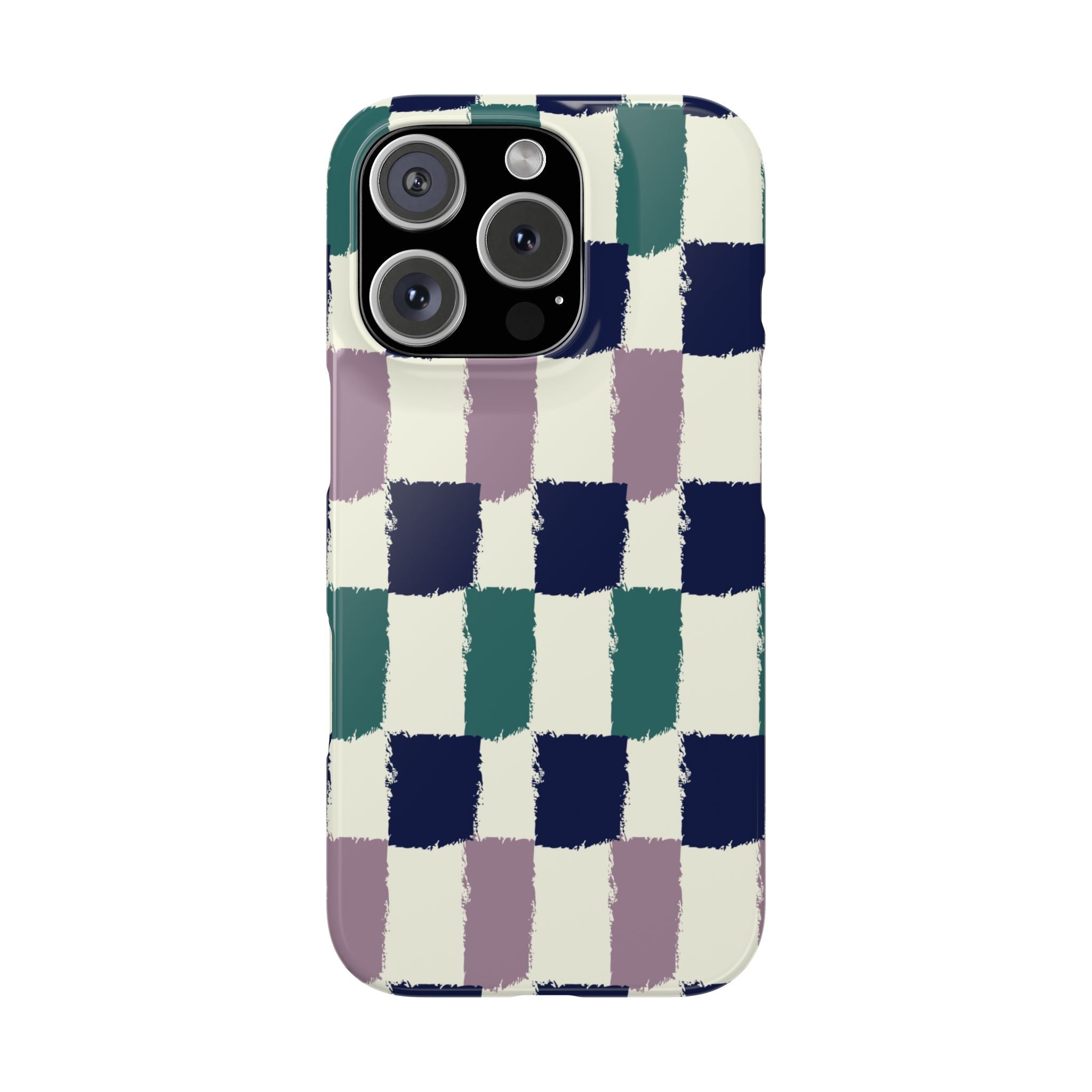Painterly Check Slim Phone Case — Hand-Painted Navy, Teal & Lavender Grid