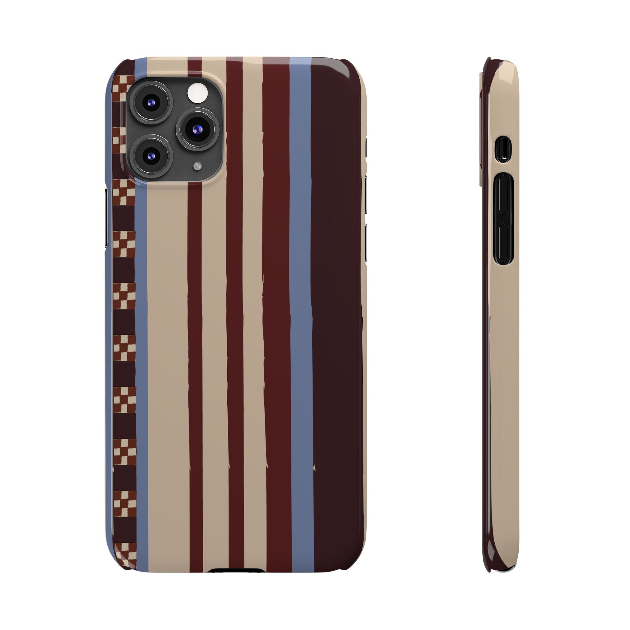 Slim Phone Case — Retro Striped Beige, Maroon & Blue Pattern