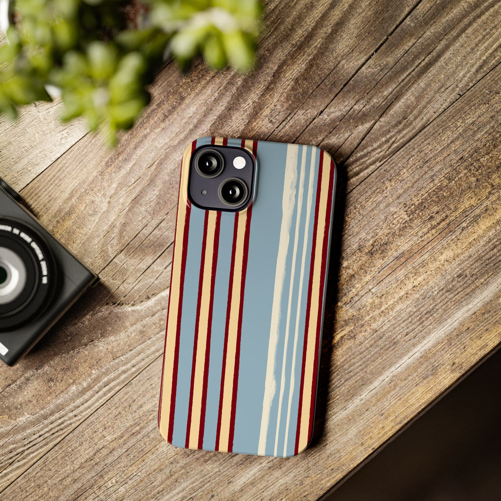 Retro Striped Slim Phone Case — Blue, Cream & Burgundy Vertical Lines
