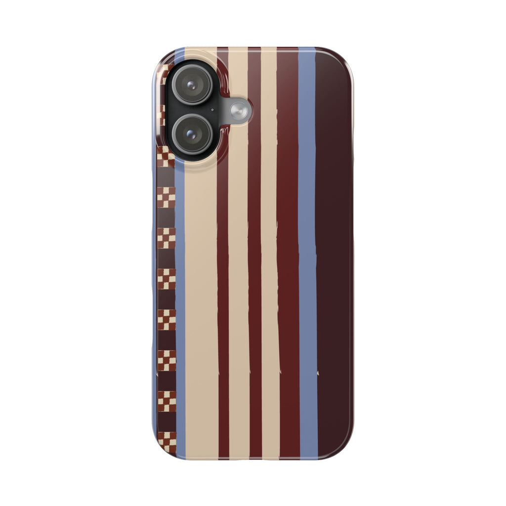 Slim Phone Case — Retro Striped Beige, Maroon & Blue Pattern