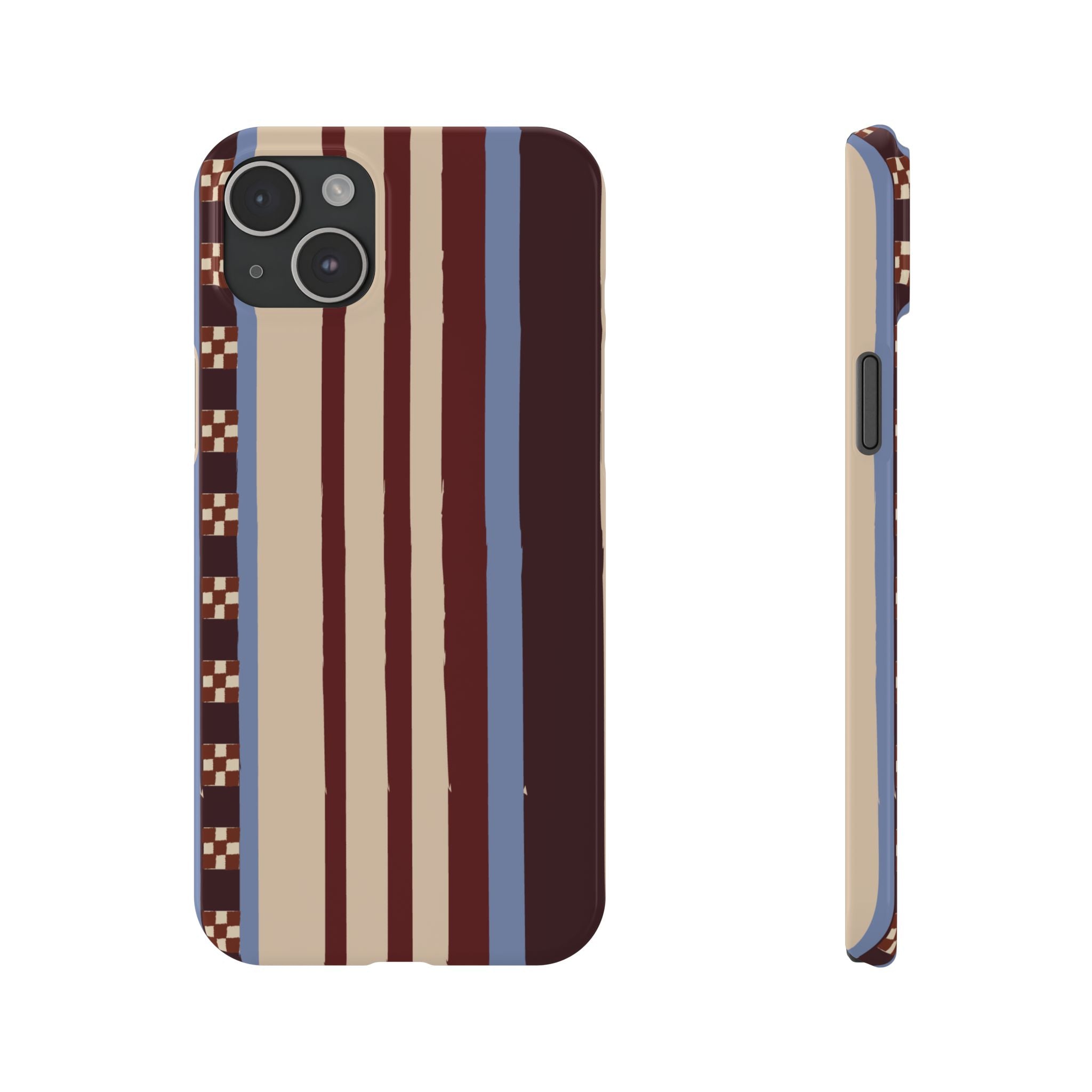 Slim Phone Case — Retro Striped Beige, Maroon & Blue Pattern