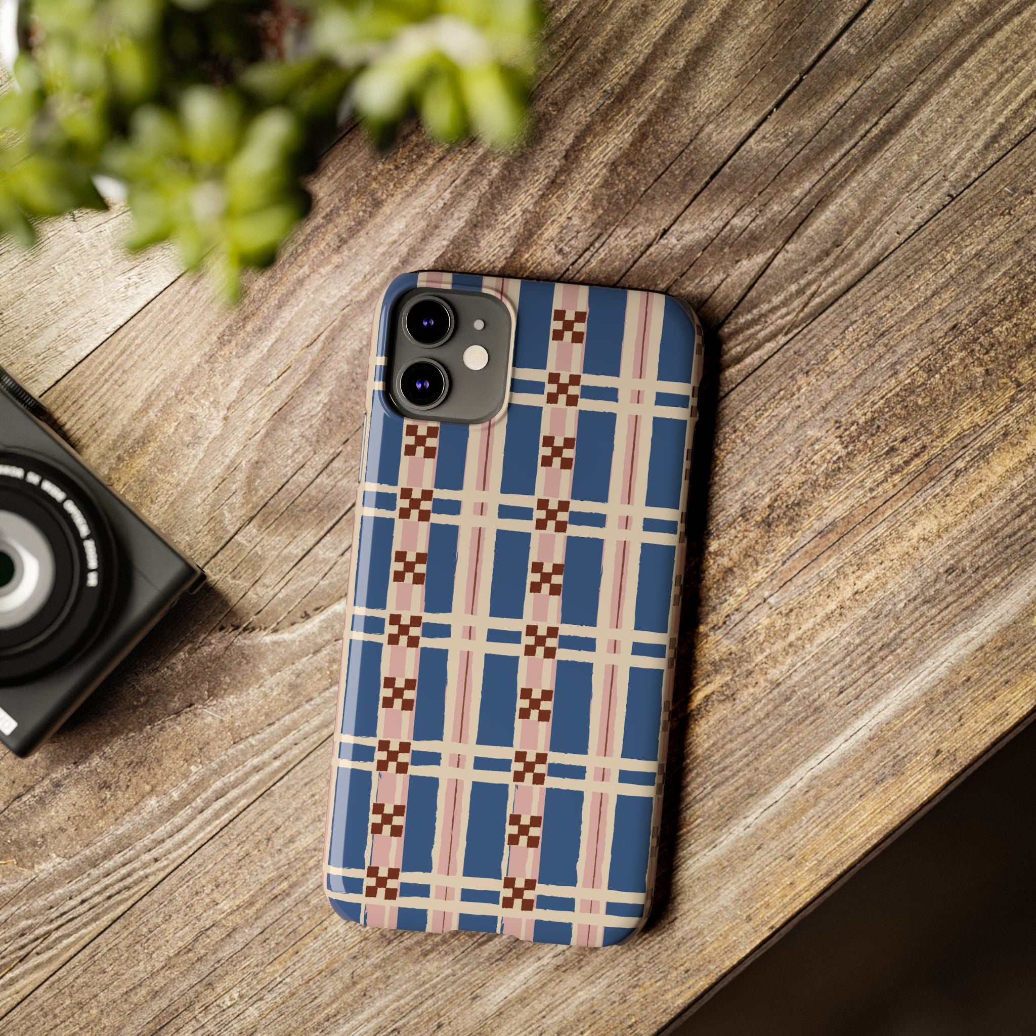 Slim Phone Case — Blue & Pink Retro Plaid Pattern