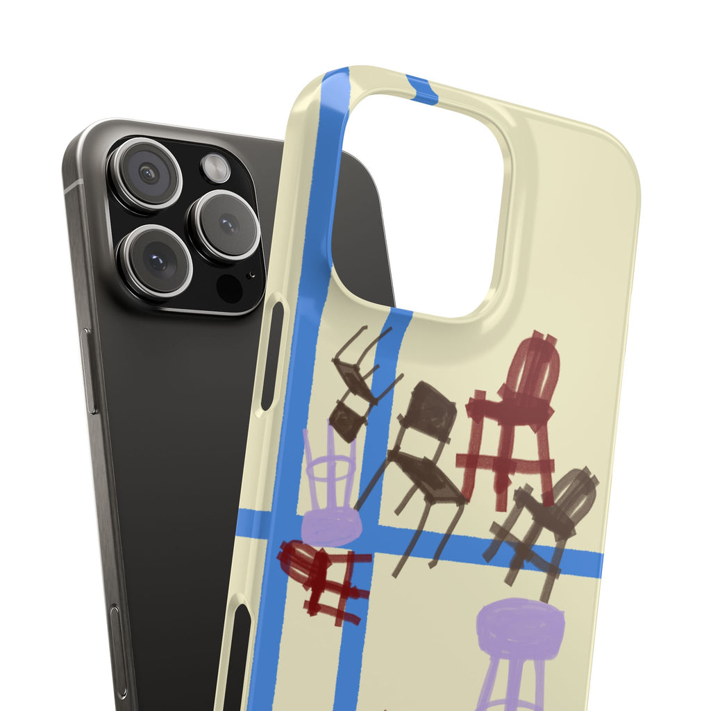 Slim Phone Case — Retro Chairs Pattern on Cream with Blue Grid Backroom-Inspired