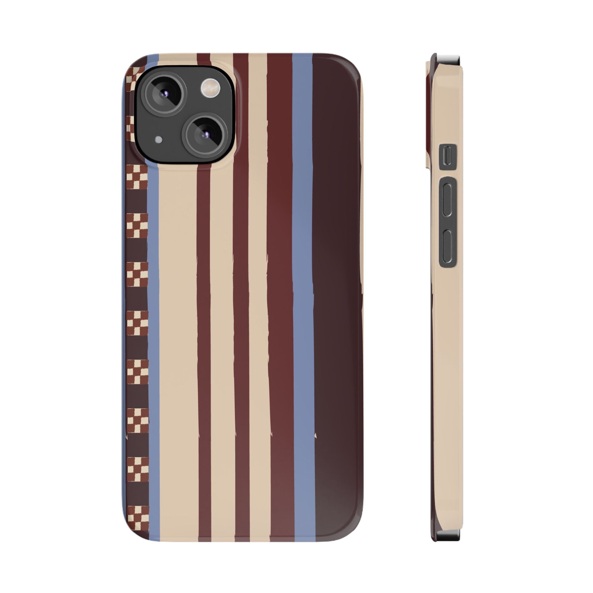 Slim Phone Case — Retro Striped Beige, Maroon & Blue Pattern
