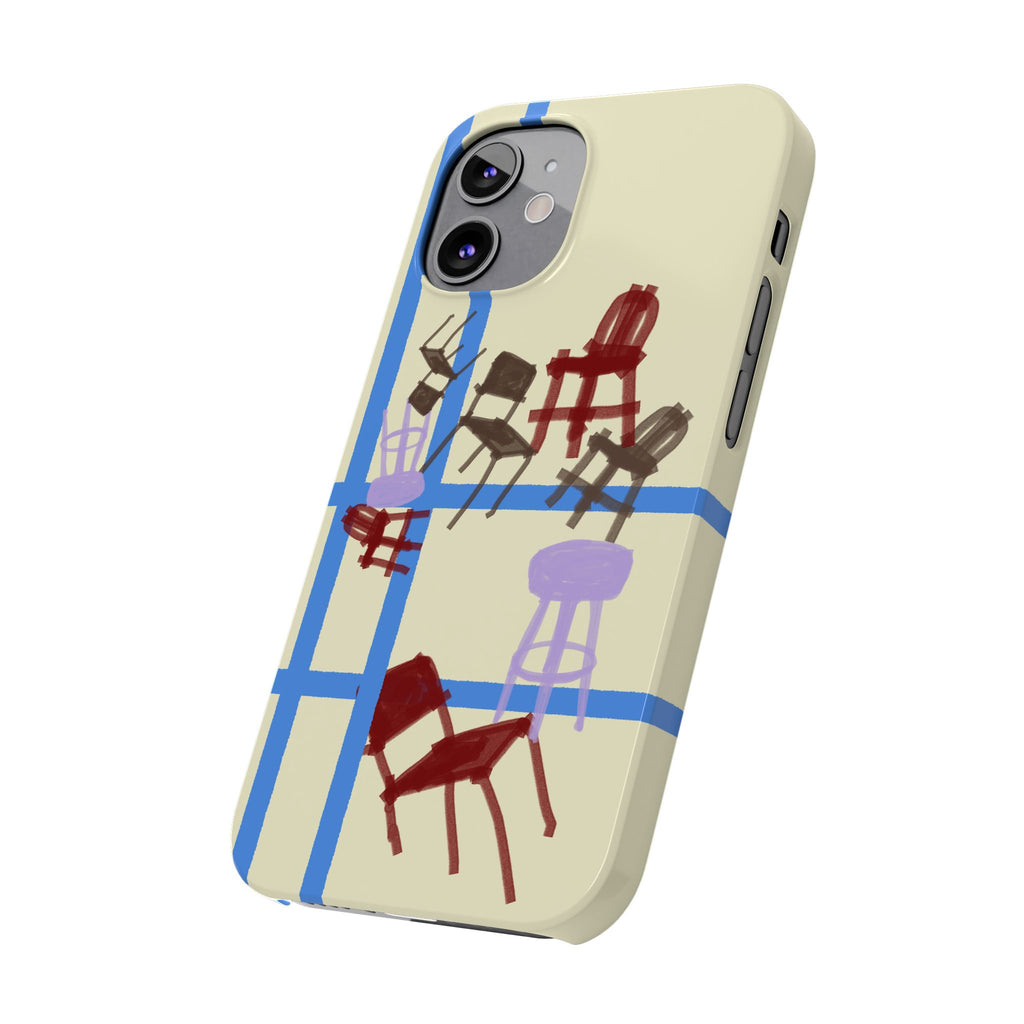 Slim Phone Case — Retro Chairs Pattern on Cream with Blue Grid Backroom-Inspired