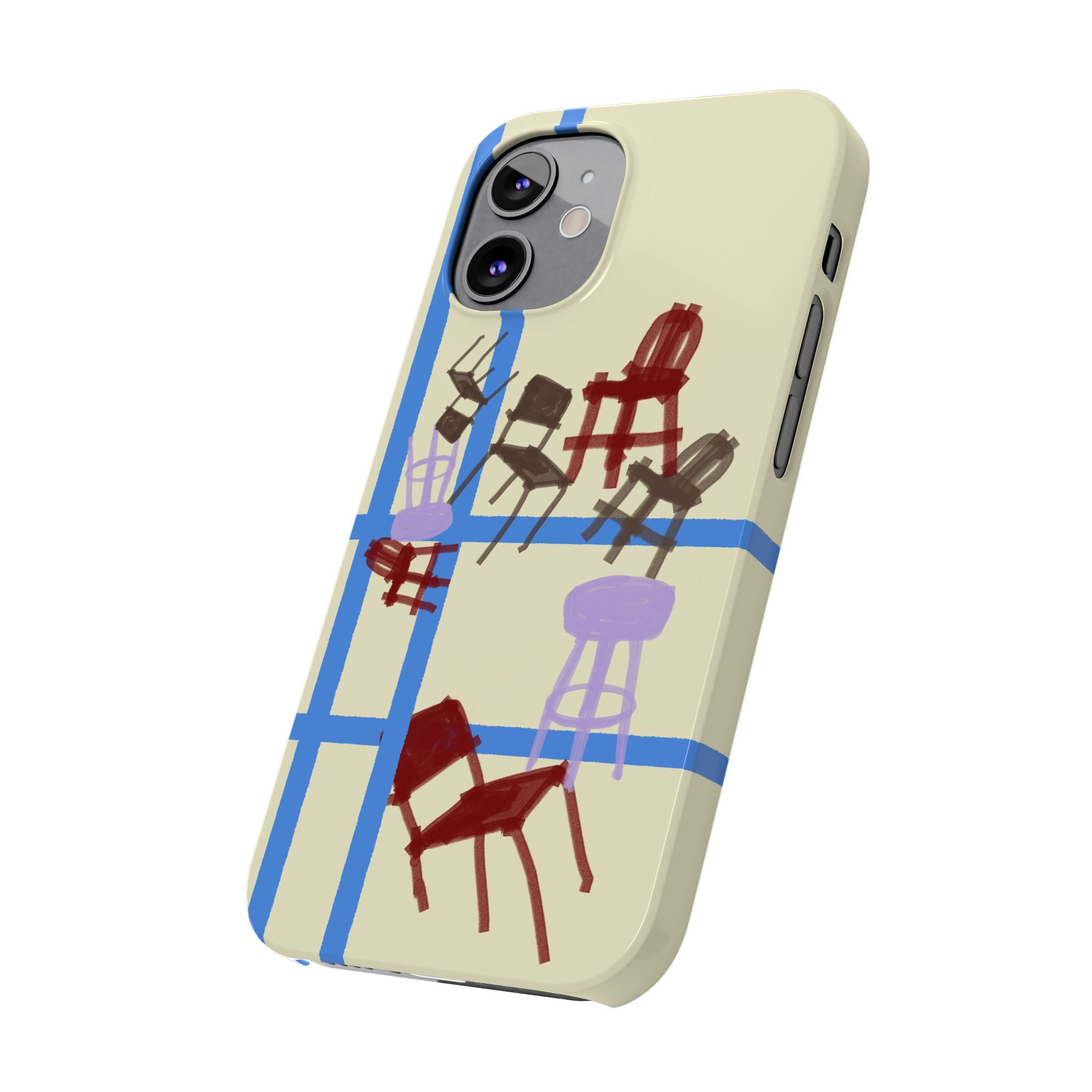 Slim Phone Case — Retro Chairs Pattern on Cream with Blue Grid Backroom-Inspired