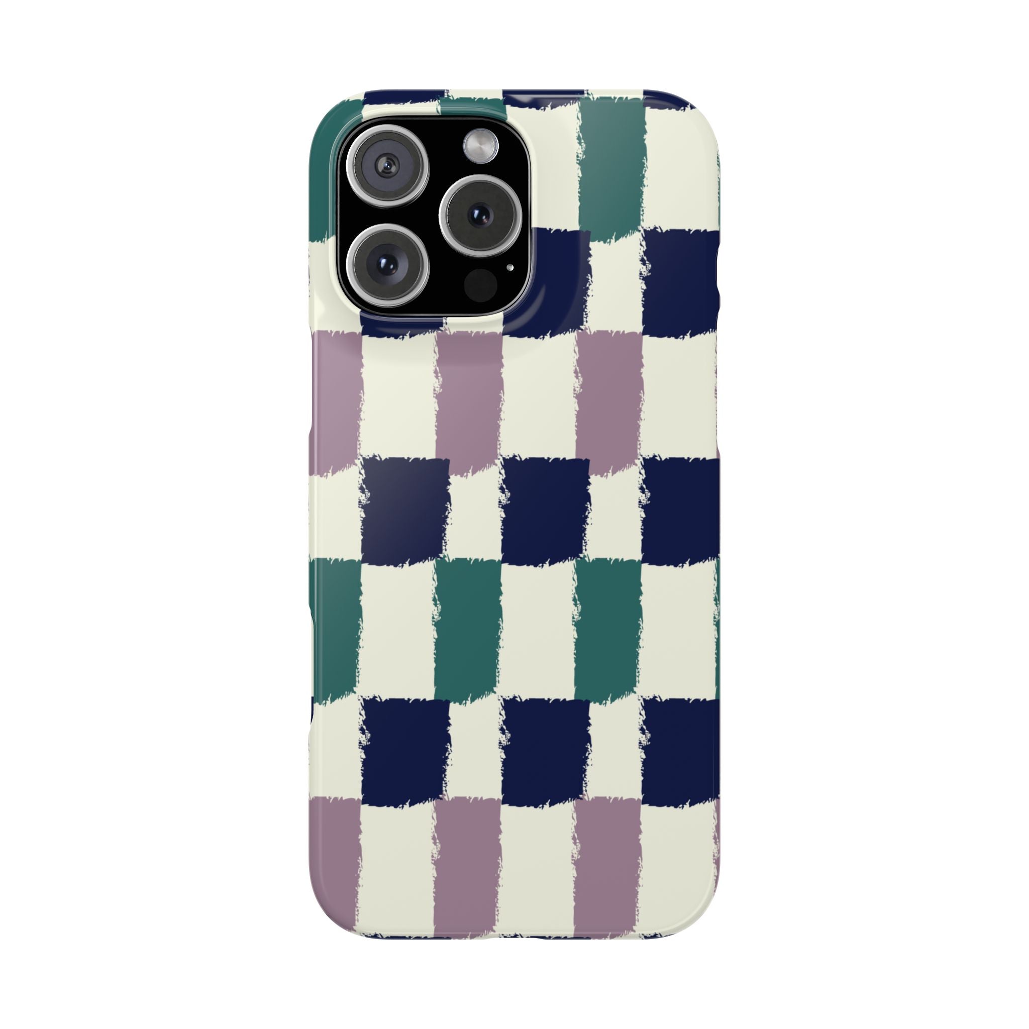 Painterly Check Slim Phone Case — Hand-Painted Navy, Teal & Lavender Grid
