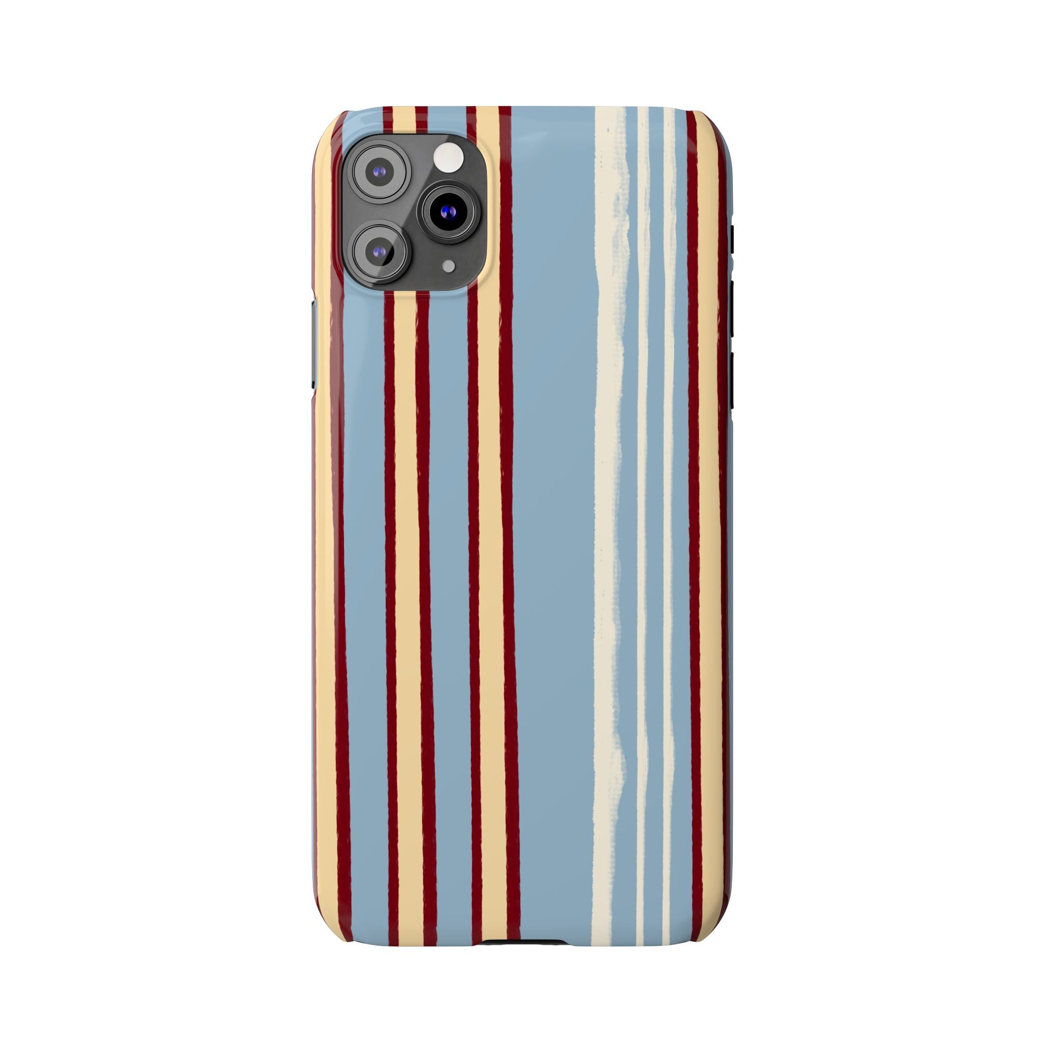 Retro Striped Slim Phone Case — Blue, Cream & Burgundy Vertical Lines