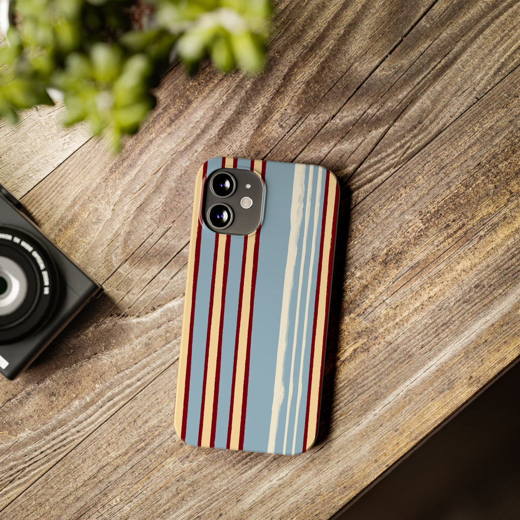 Retro Striped Slim Phone Case — Blue, Cream & Burgundy Vertical Lines