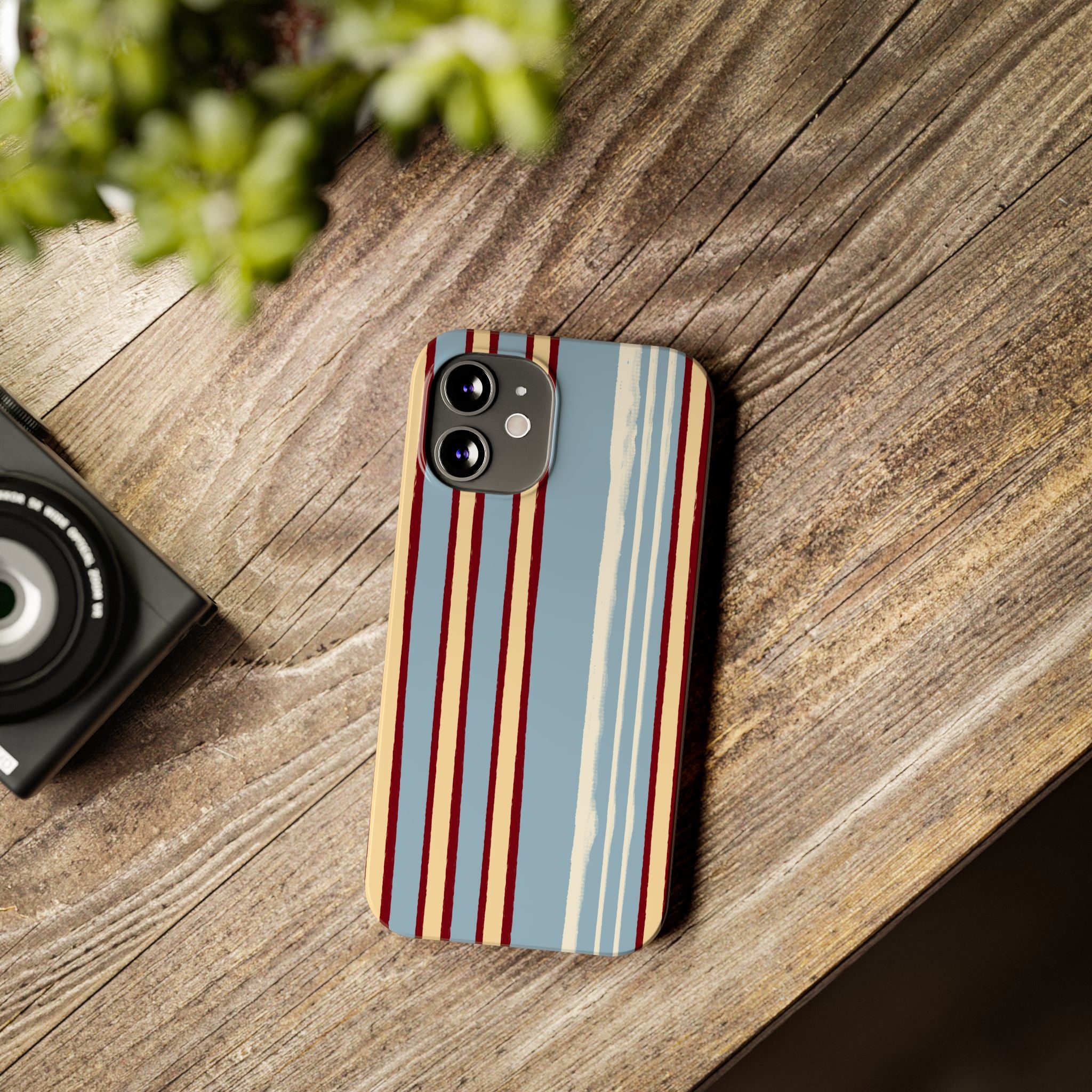 Retro Striped Slim Phone Case — Blue, Cream & Burgundy Vertical Lines