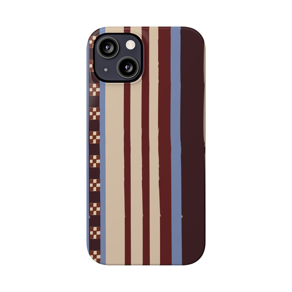 Slim Phone Case — Retro Striped Beige, Maroon & Blue Pattern
