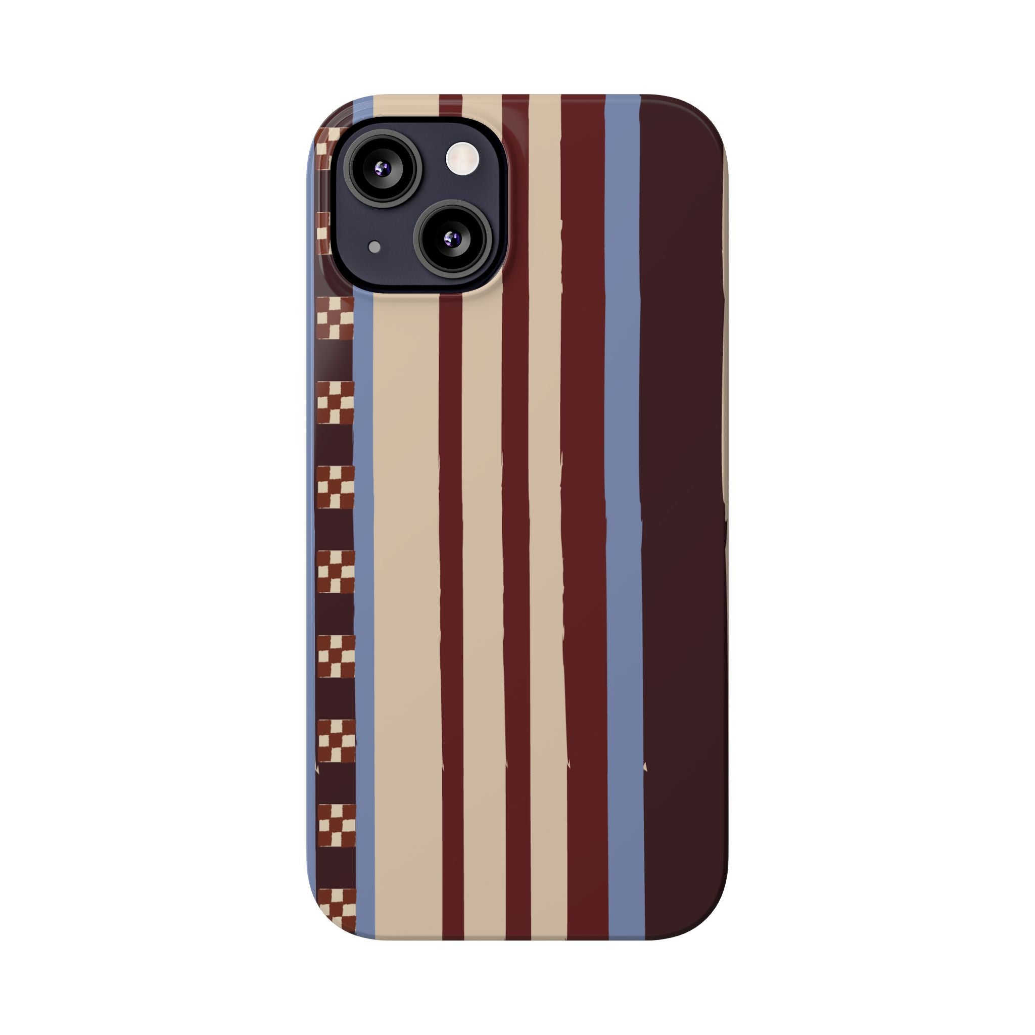 Slim Phone Case — Retro Striped Beige, Maroon & Blue Pattern