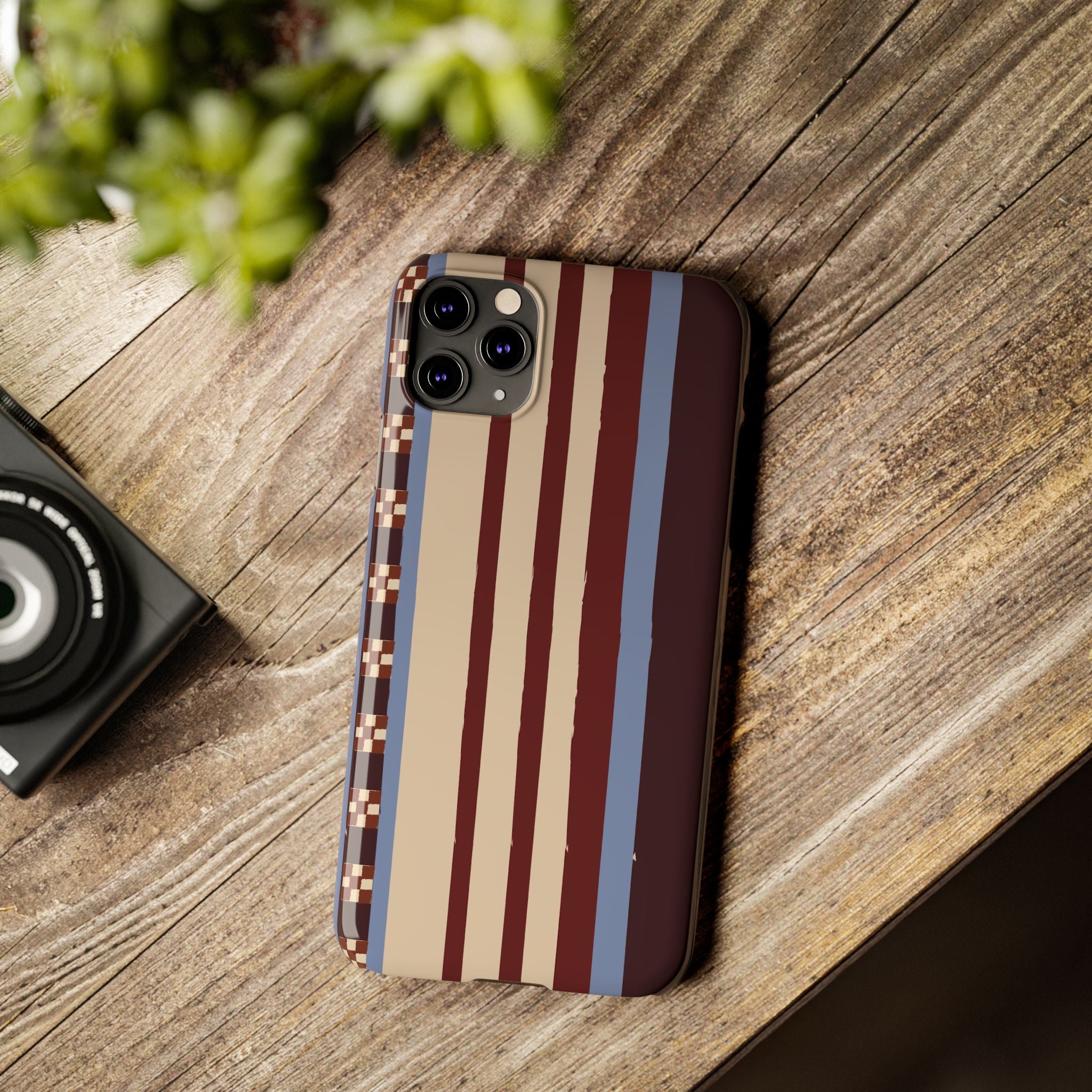 Slim Phone Case — Retro Striped Beige, Maroon & Blue Pattern