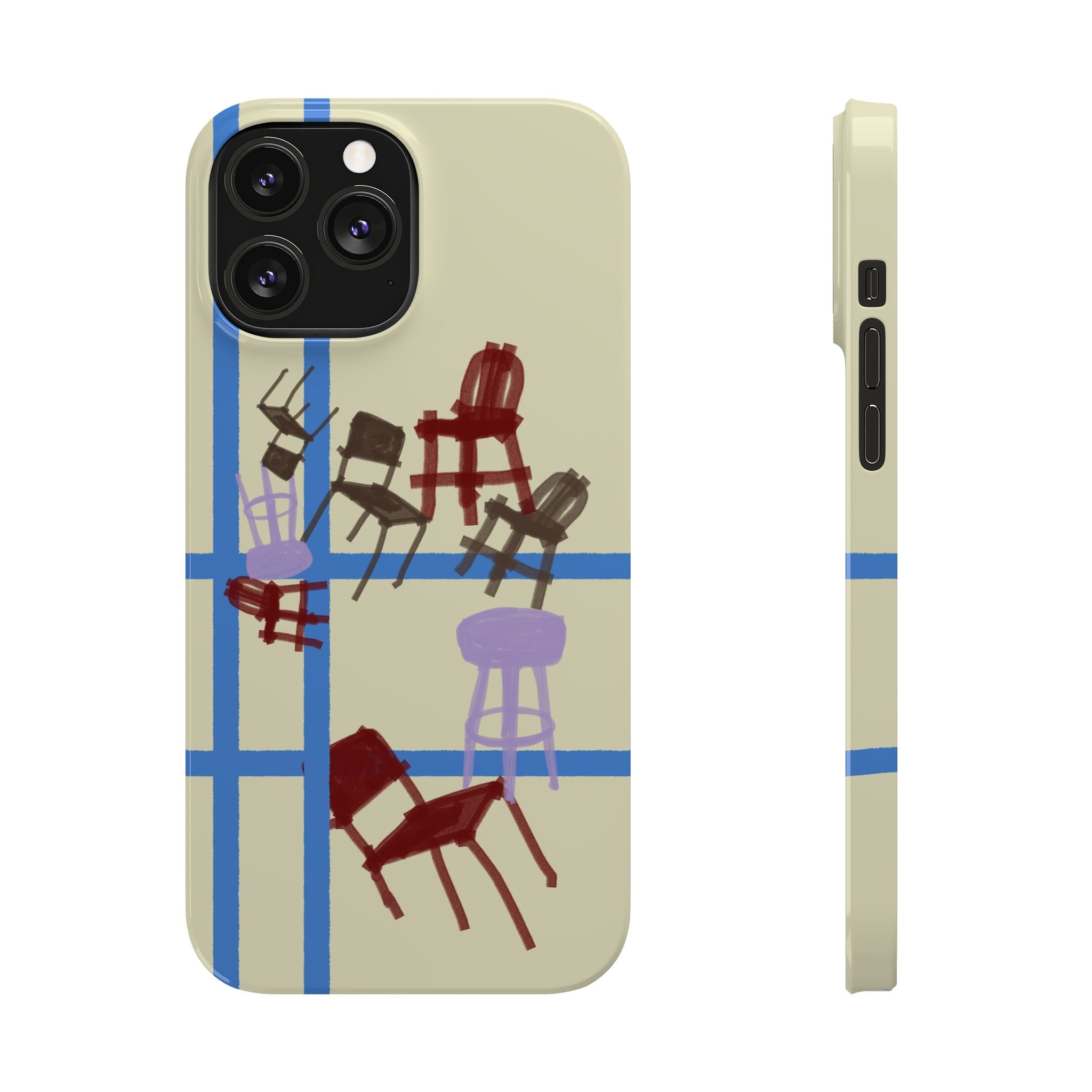 Slim Phone Case — Retro Chairs Pattern on Cream with Blue Grid Backroom-Inspired