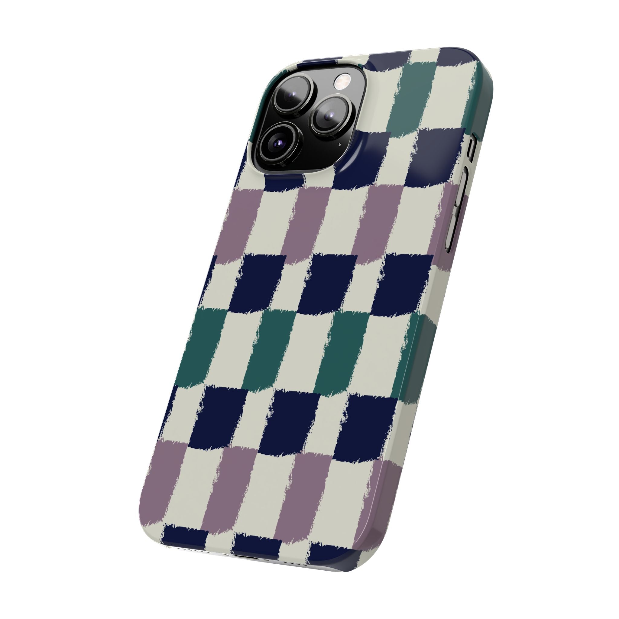 Painterly Check Slim Phone Case — Hand-Painted Navy, Teal & Lavender Grid