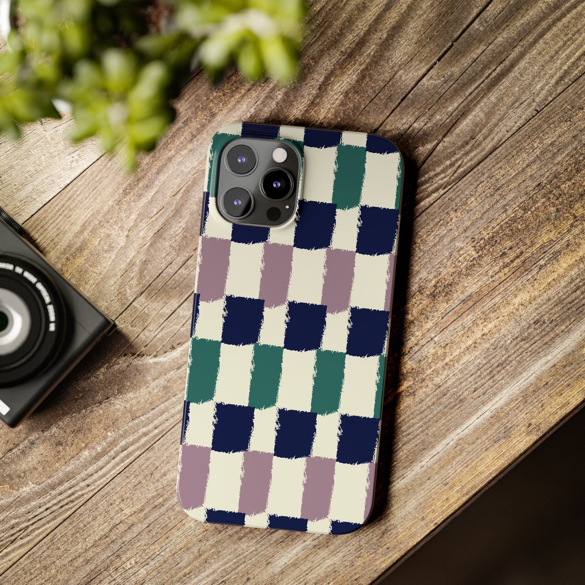 Painterly Check Slim Phone Case — Hand-Painted Navy, Teal & Lavender Grid