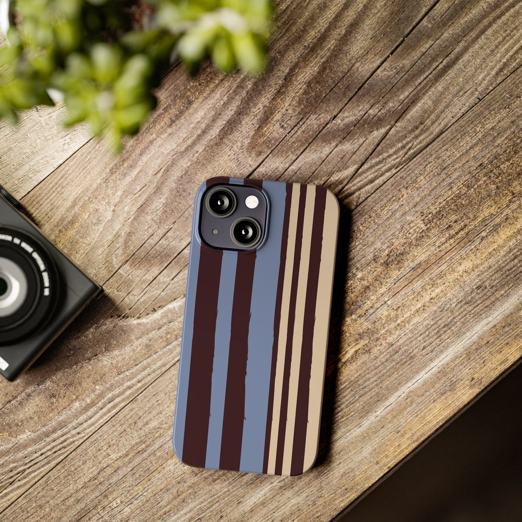 Retro Striped Slim Phone Case — Blue, Brown & Cream Vertical Stripes