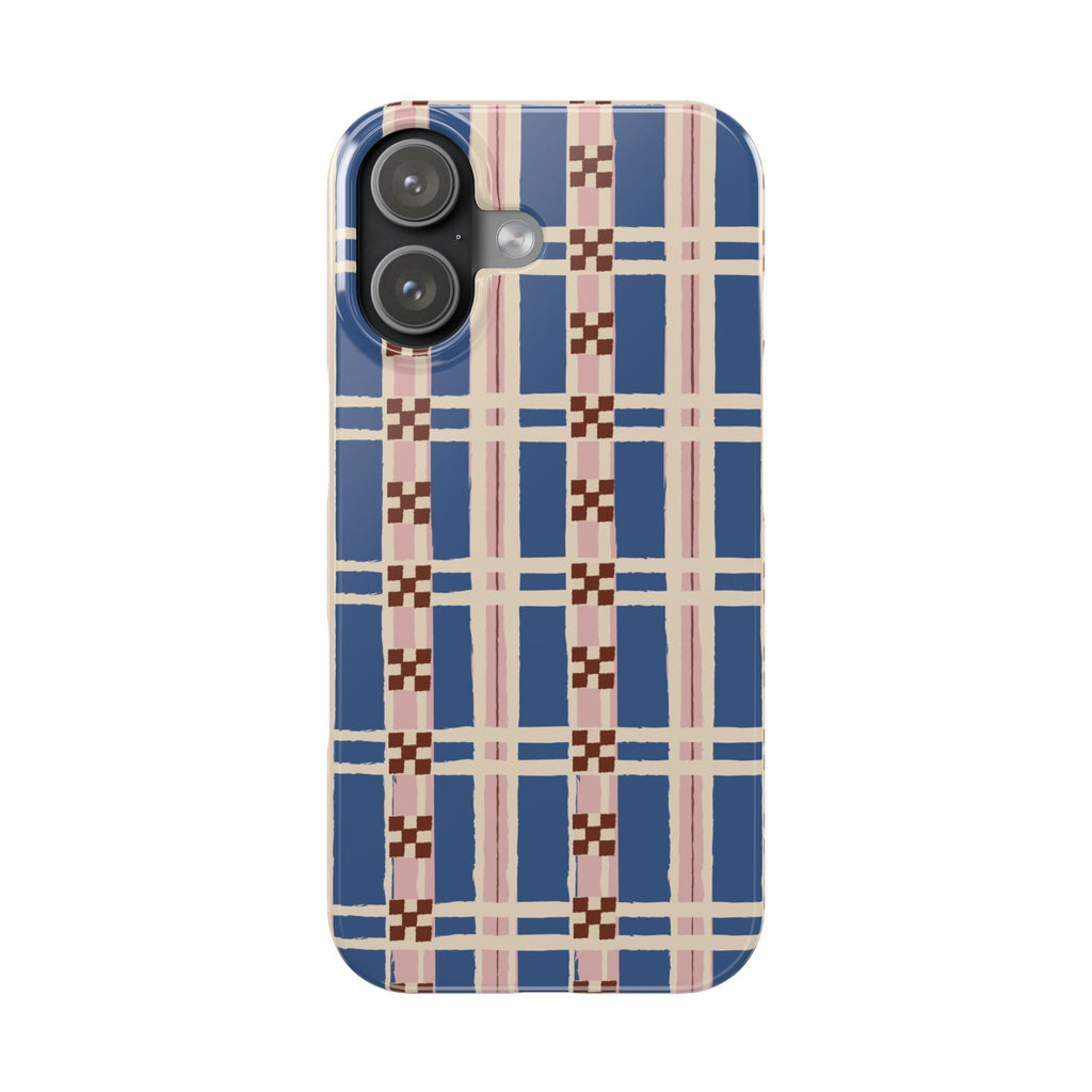 Slim Phone Case — Blue & Pink Retro Plaid Pattern