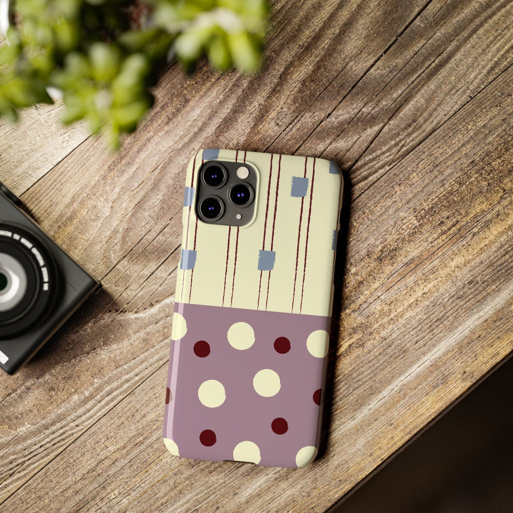 Slim Phone Case — Retro Polka Dot & Stripes Design, Lavender Plum