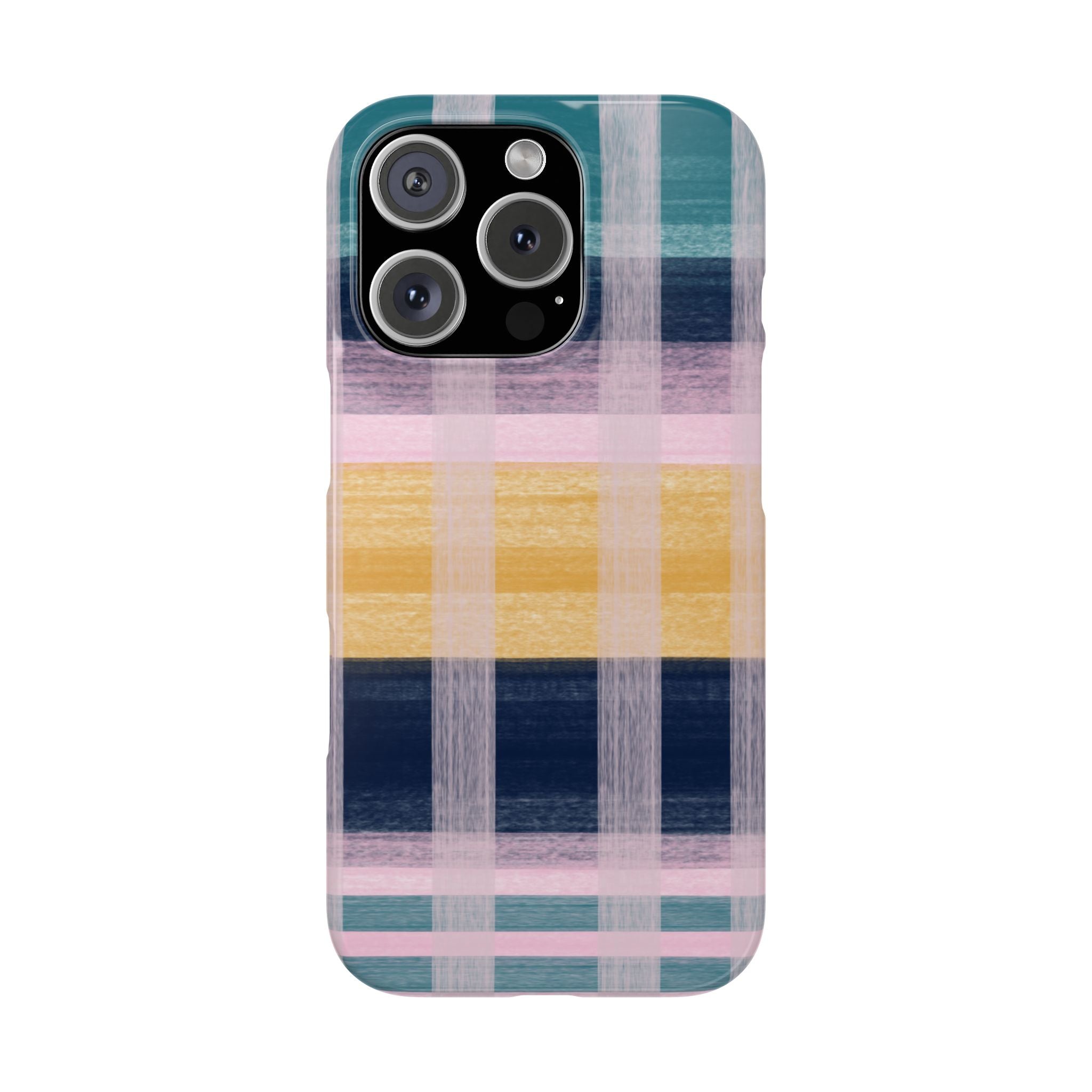 Plaid Brushstroke Slim Phone Case — Pastel Teal, Pink & Yellow Protective Cover SATC Inspired
