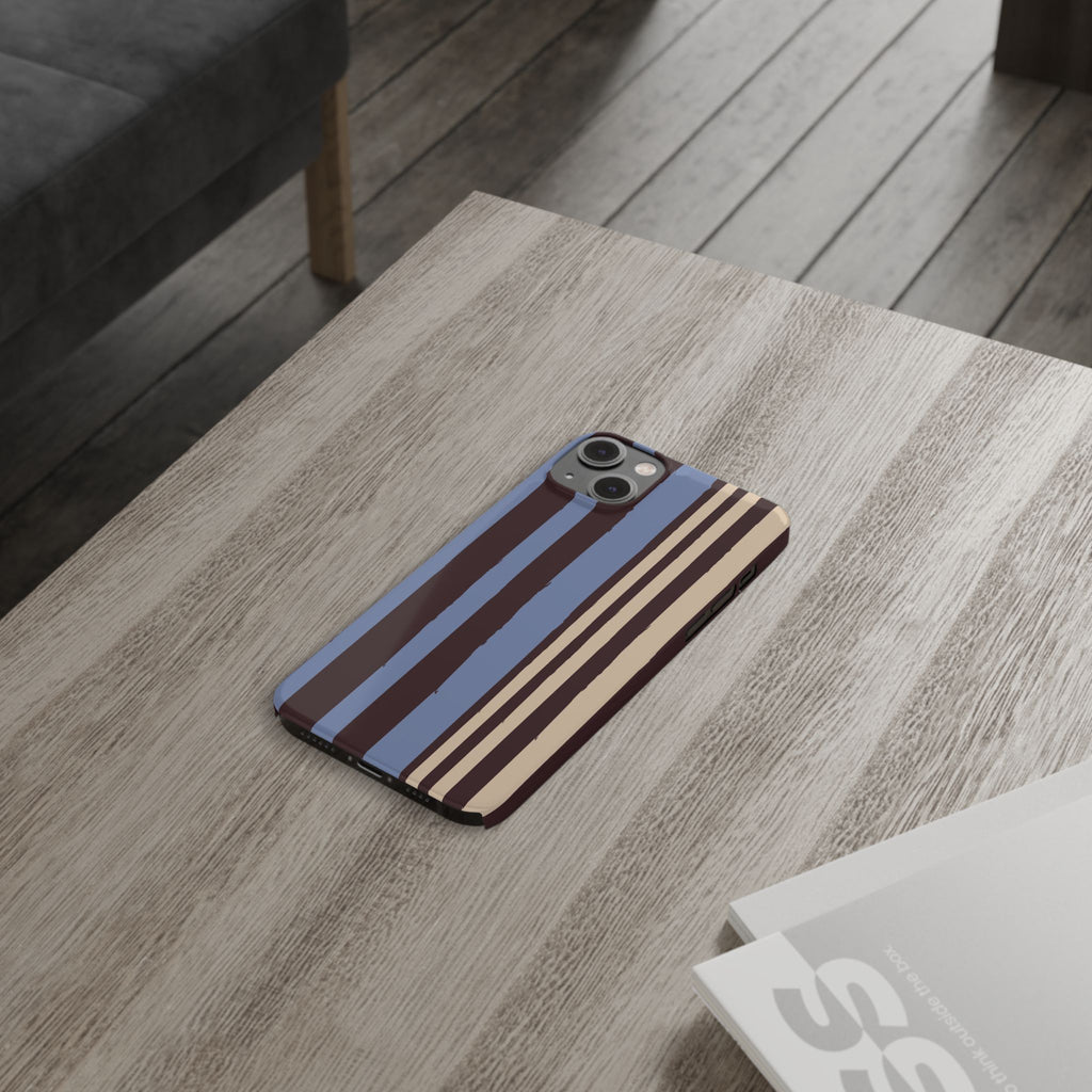 Retro Striped Slim Phone Case — Blue, Brown & Cream Vertical Stripes