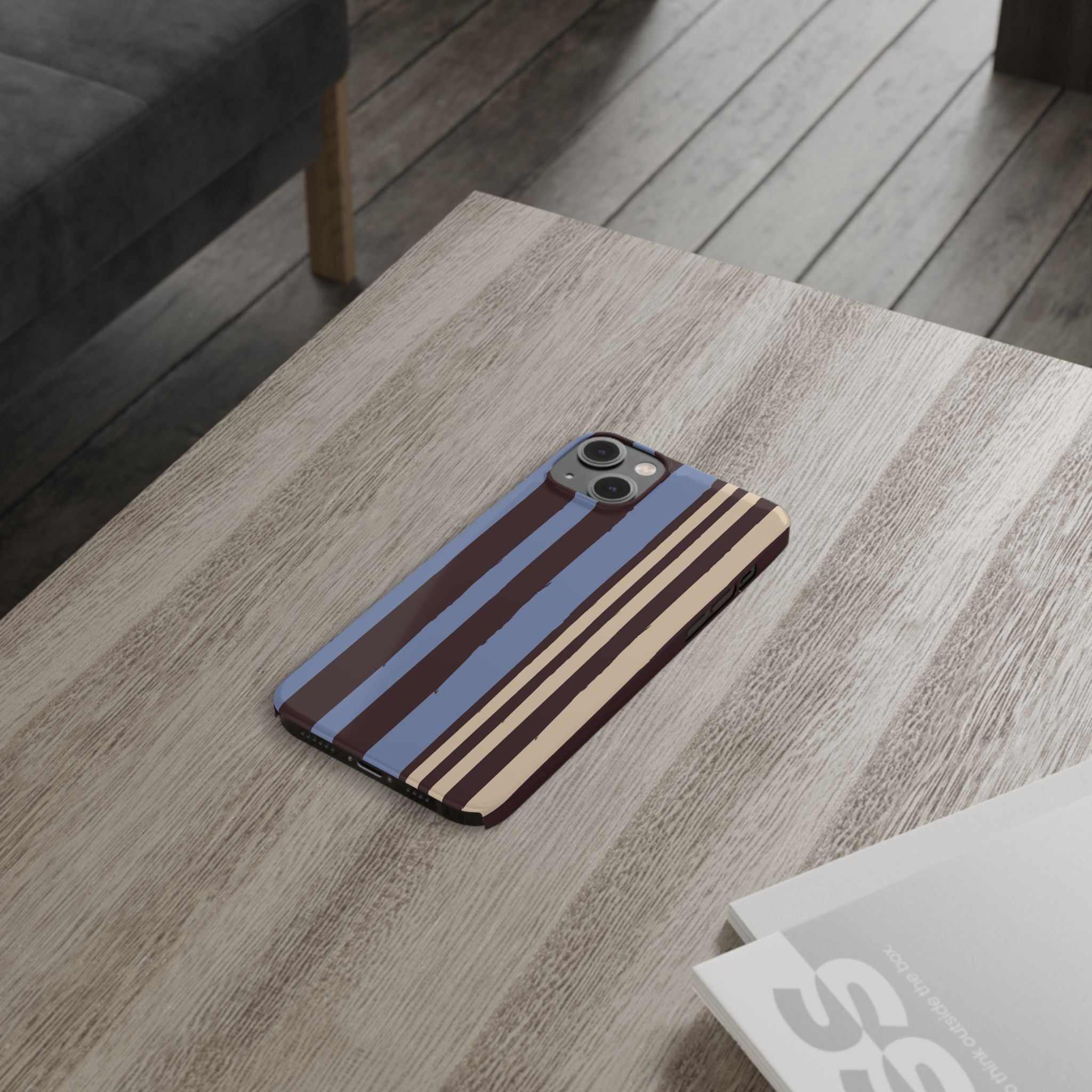 Retro Striped Slim Phone Case — Blue, Brown & Cream Vertical Stripes