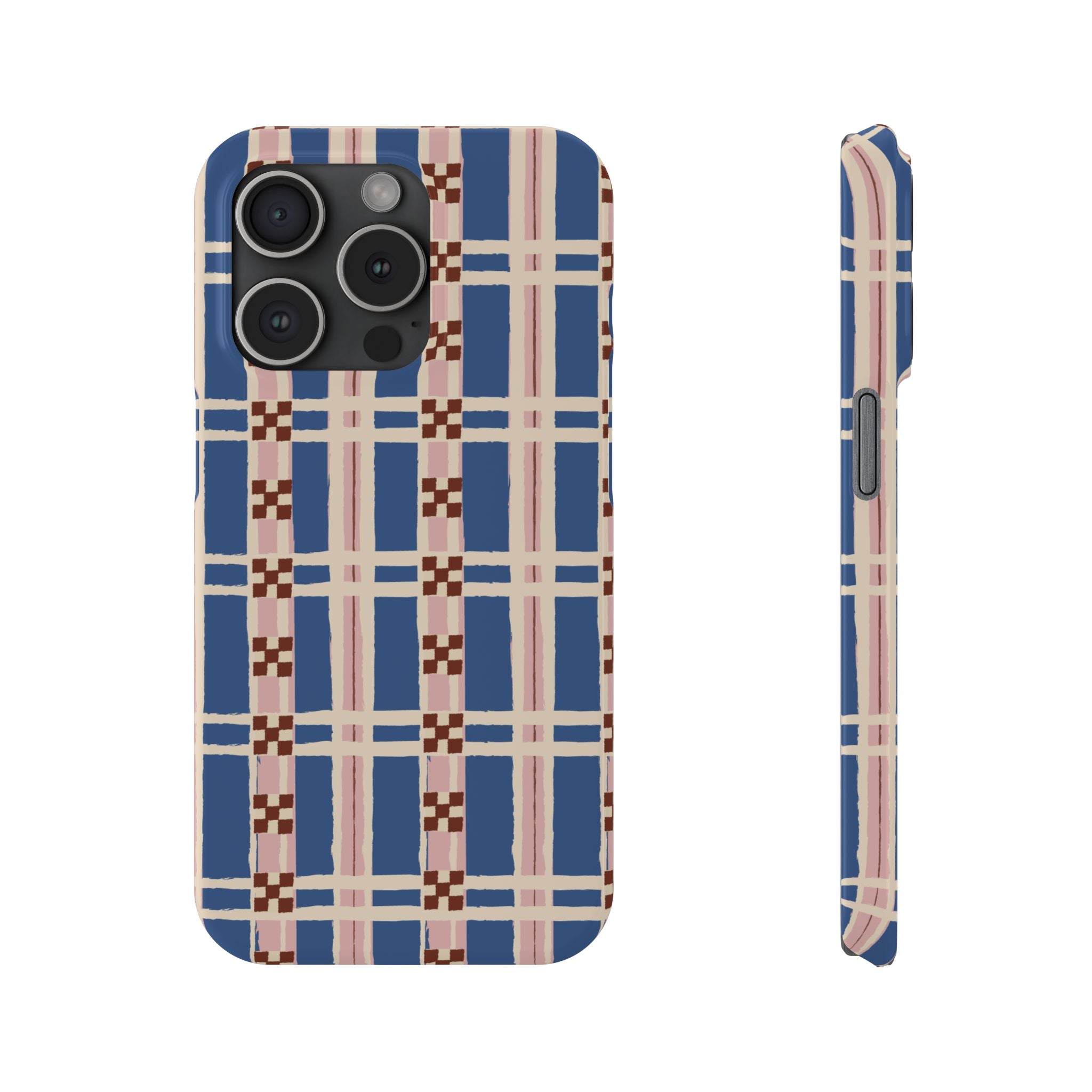 Slim Phone Case — Blue & Pink Retro Plaid Pattern