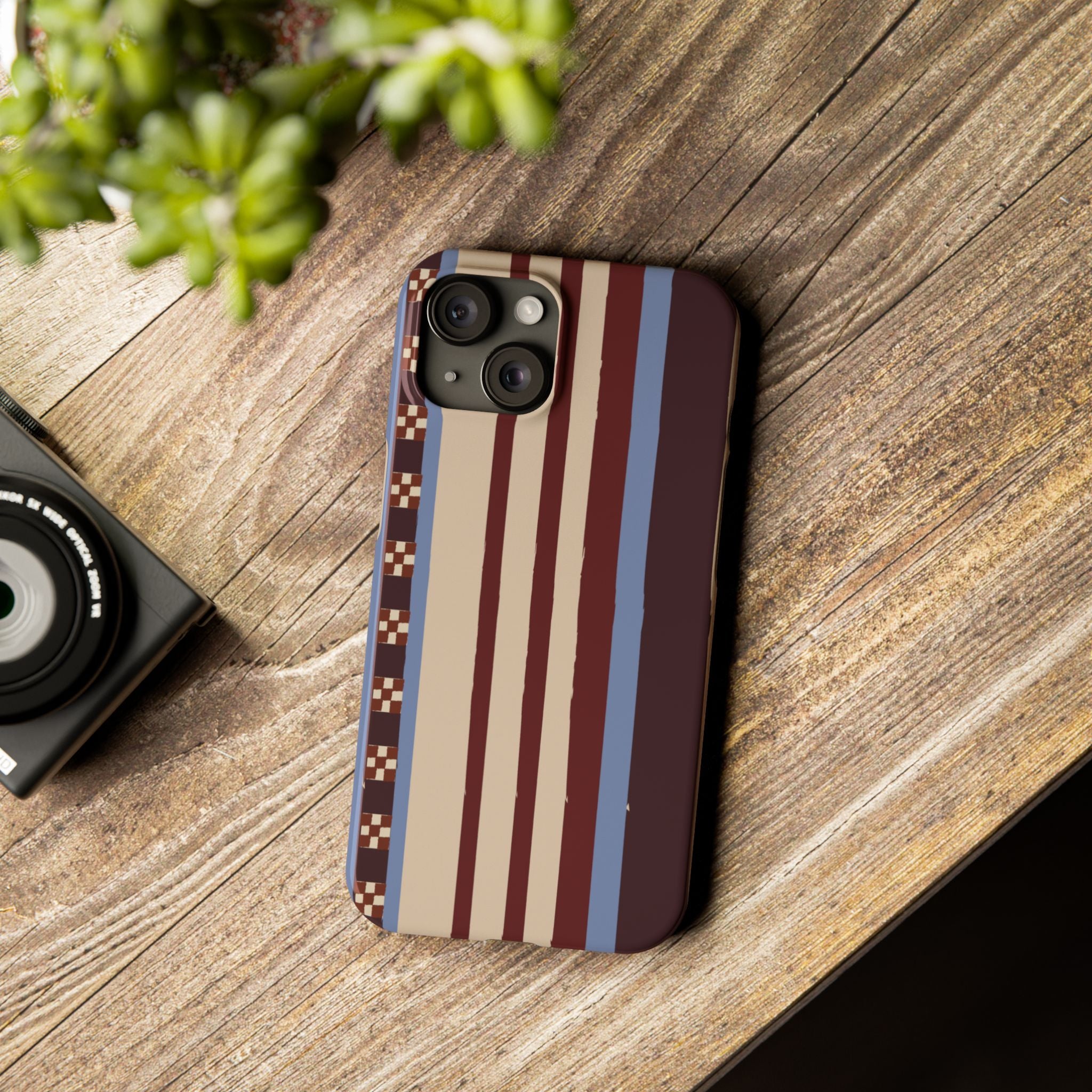 Slim Phone Case — Retro Striped Beige, Maroon & Blue Pattern