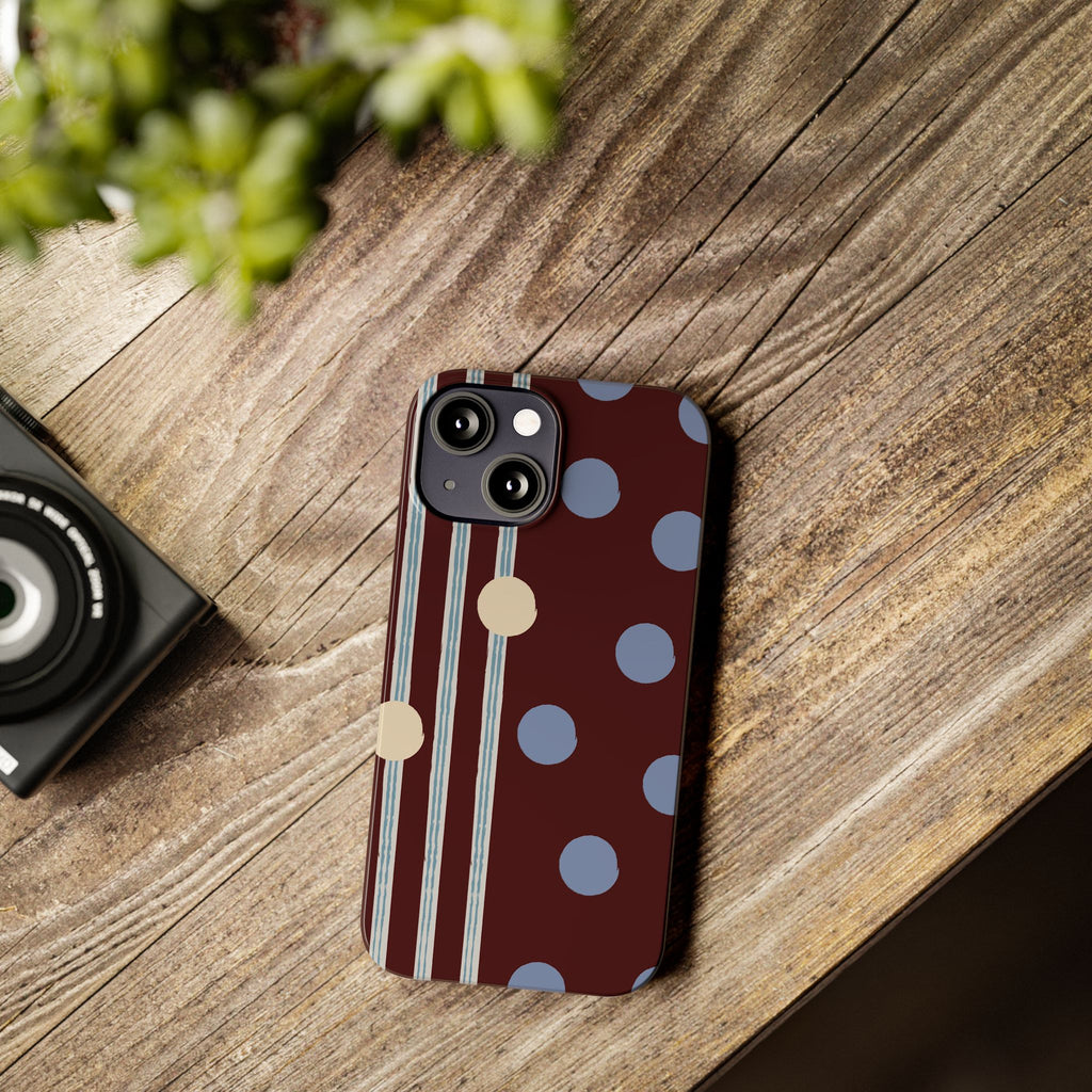Polka Dot & Stripe Slim Phone Case — Burgundy Blue Retro Pattern