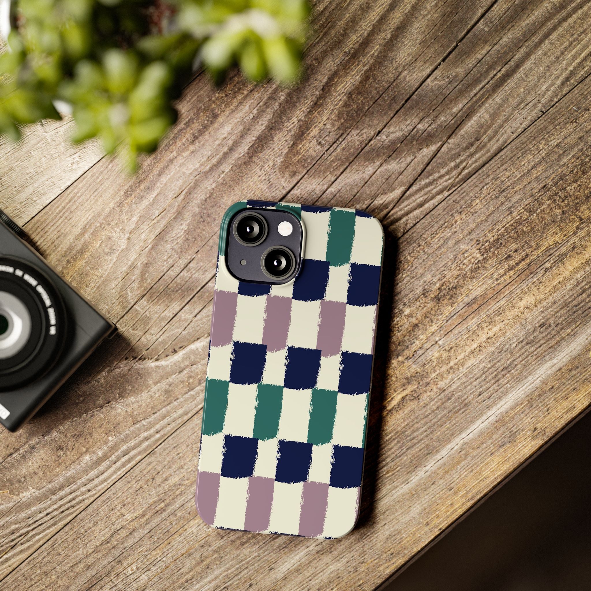 Painterly Check Slim Phone Case — Hand-Painted Navy, Teal & Lavender Grid