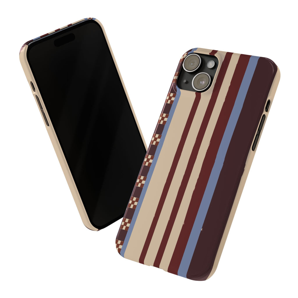 Slim Phone Case — Retro Striped Beige, Maroon & Blue Pattern