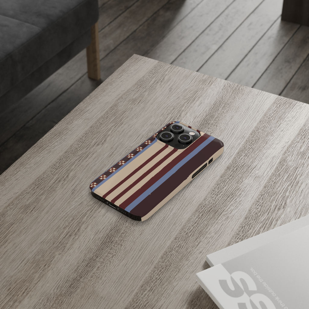 Slim Phone Case — Retro Striped Beige, Maroon & Blue Pattern