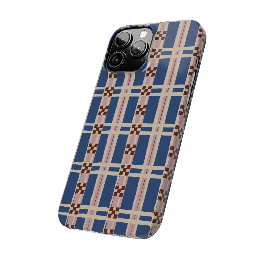 Slim Phone Case — Blue & Pink Retro Plaid Pattern