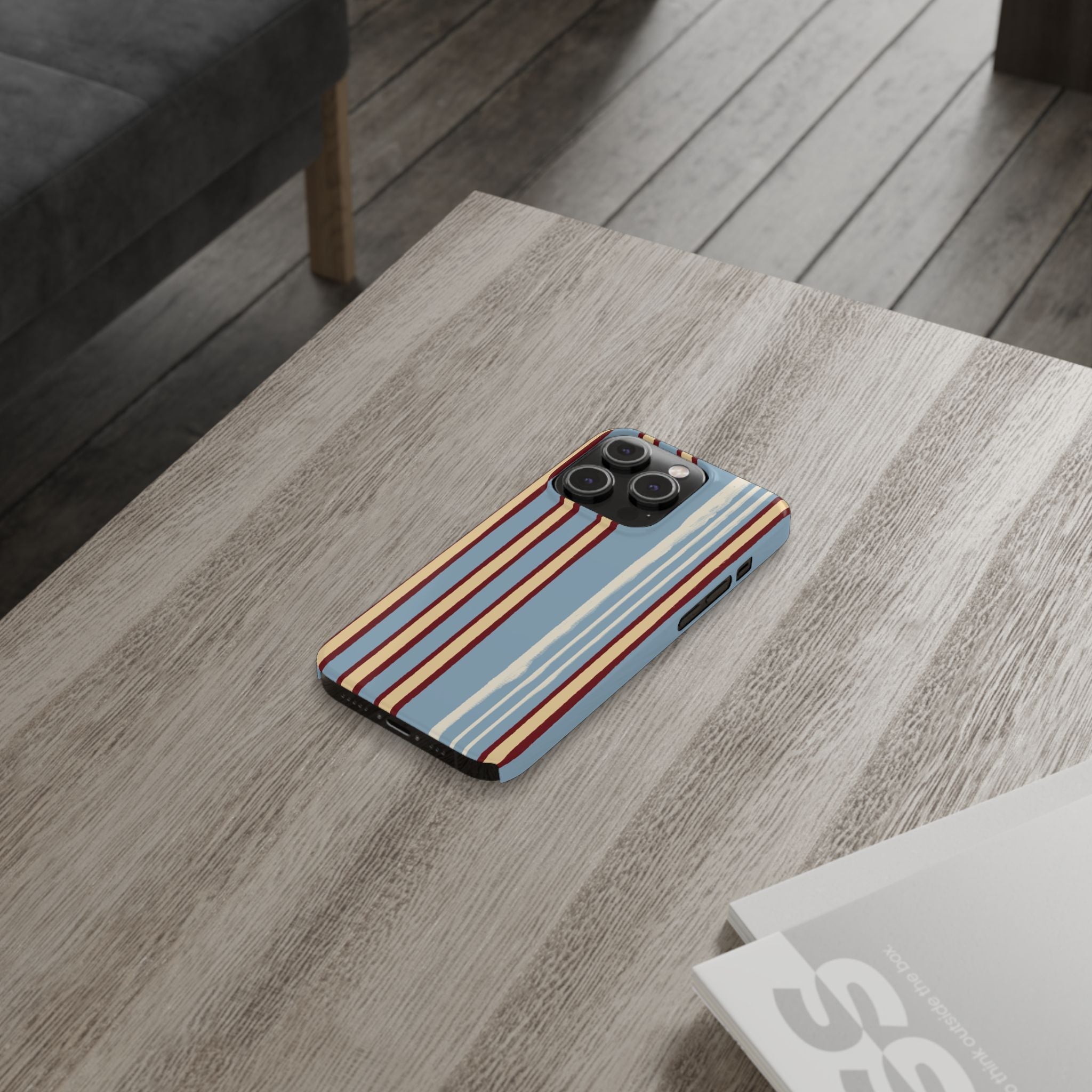 Retro Striped Slim Phone Case — Blue, Cream & Burgundy Vertical Lines