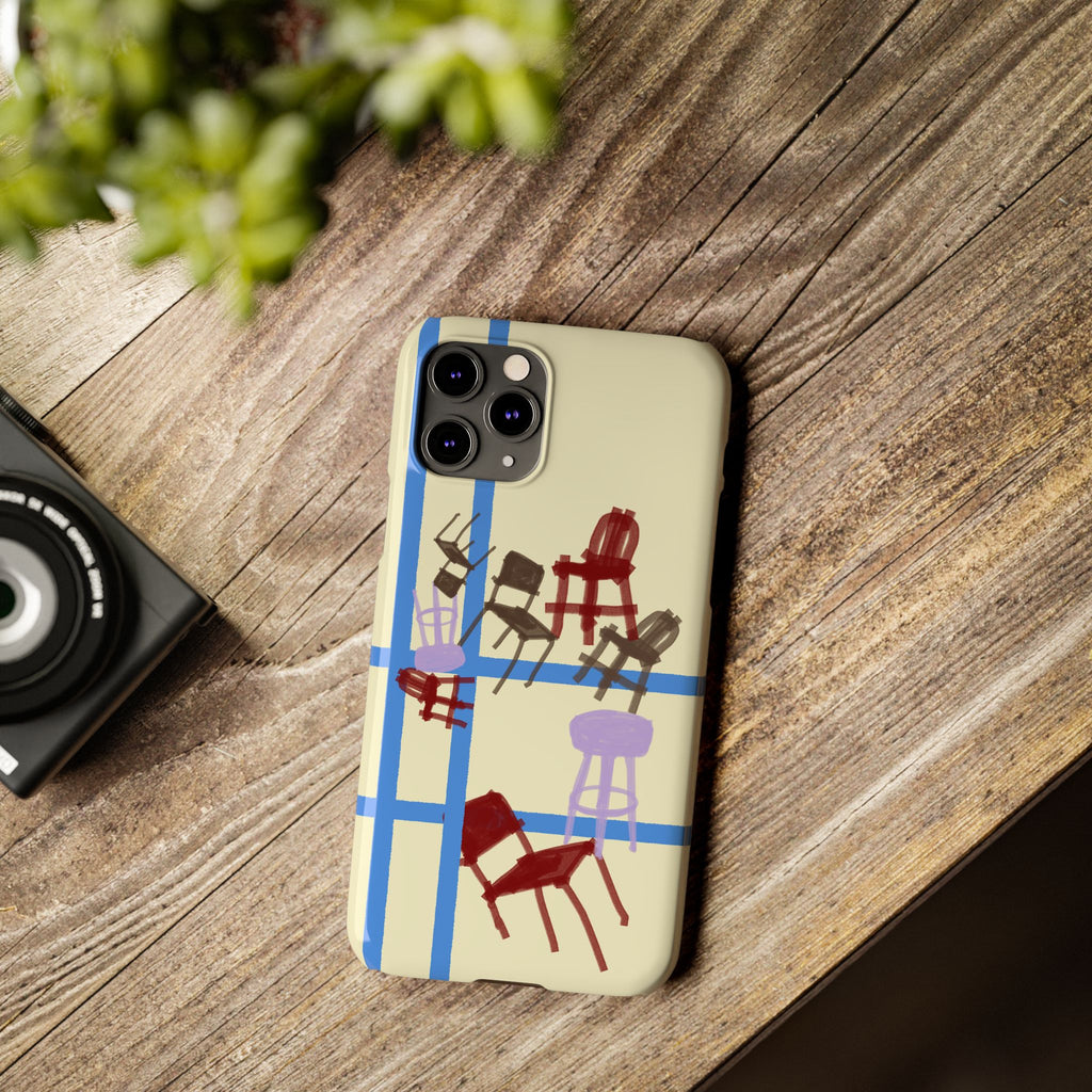 Slim Phone Case — Retro Chairs Pattern on Cream with Blue Grid Backroom-Inspired
