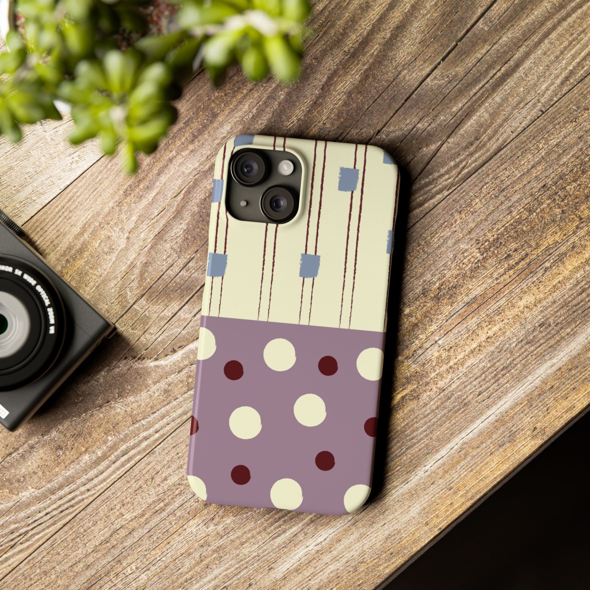 Slim Phone Case — Retro Polka Dot & Stripes Design, Lavender Plum