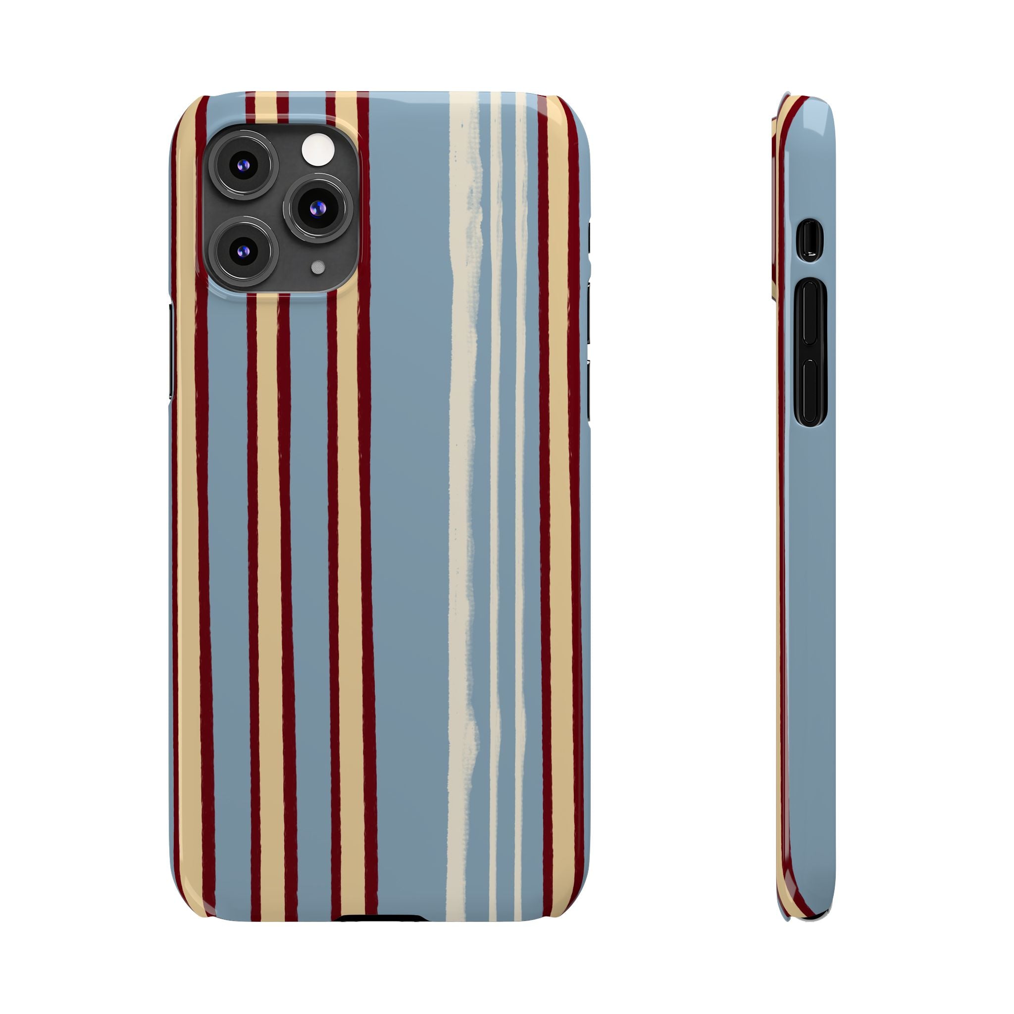 Retro Striped Slim Phone Case — Blue, Cream & Burgundy Vertical Lines