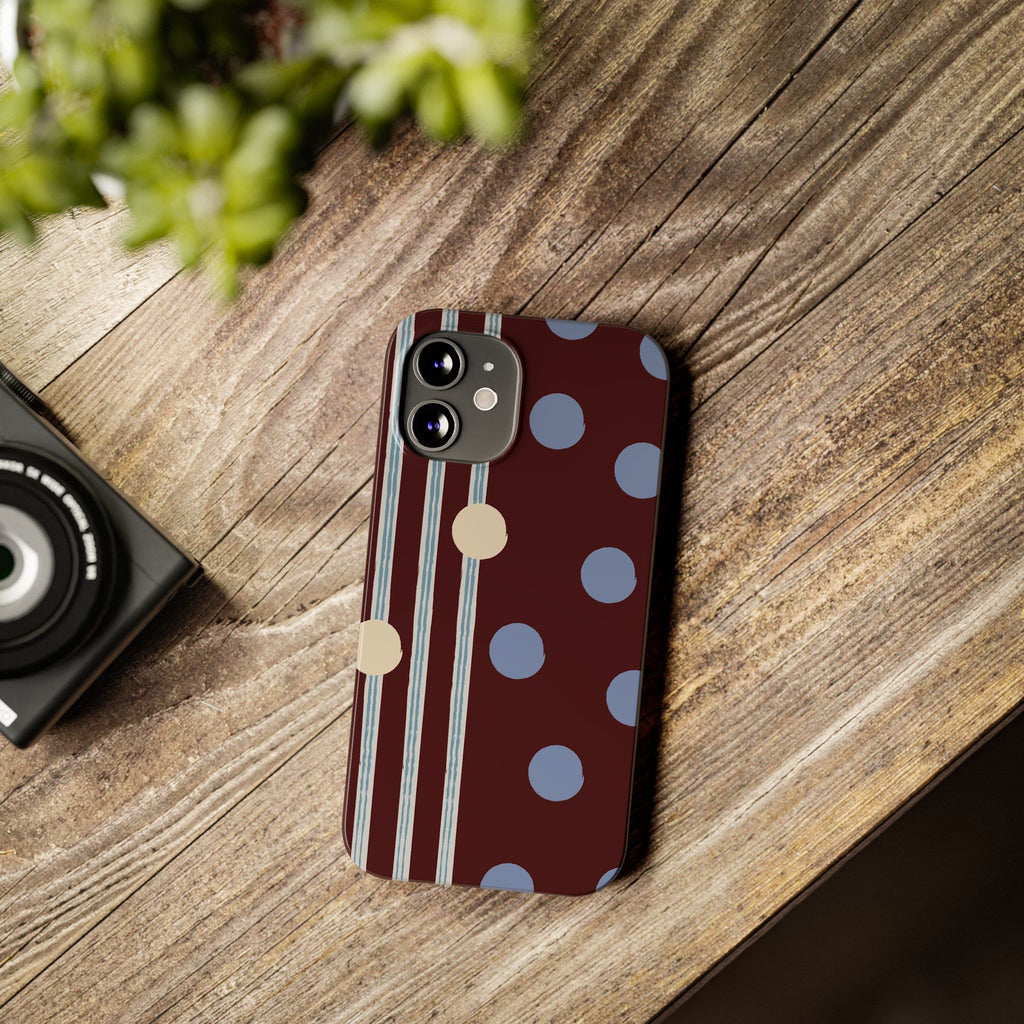 Polka Dot & Stripe Slim Phone Case — Burgundy Blue Retro Pattern