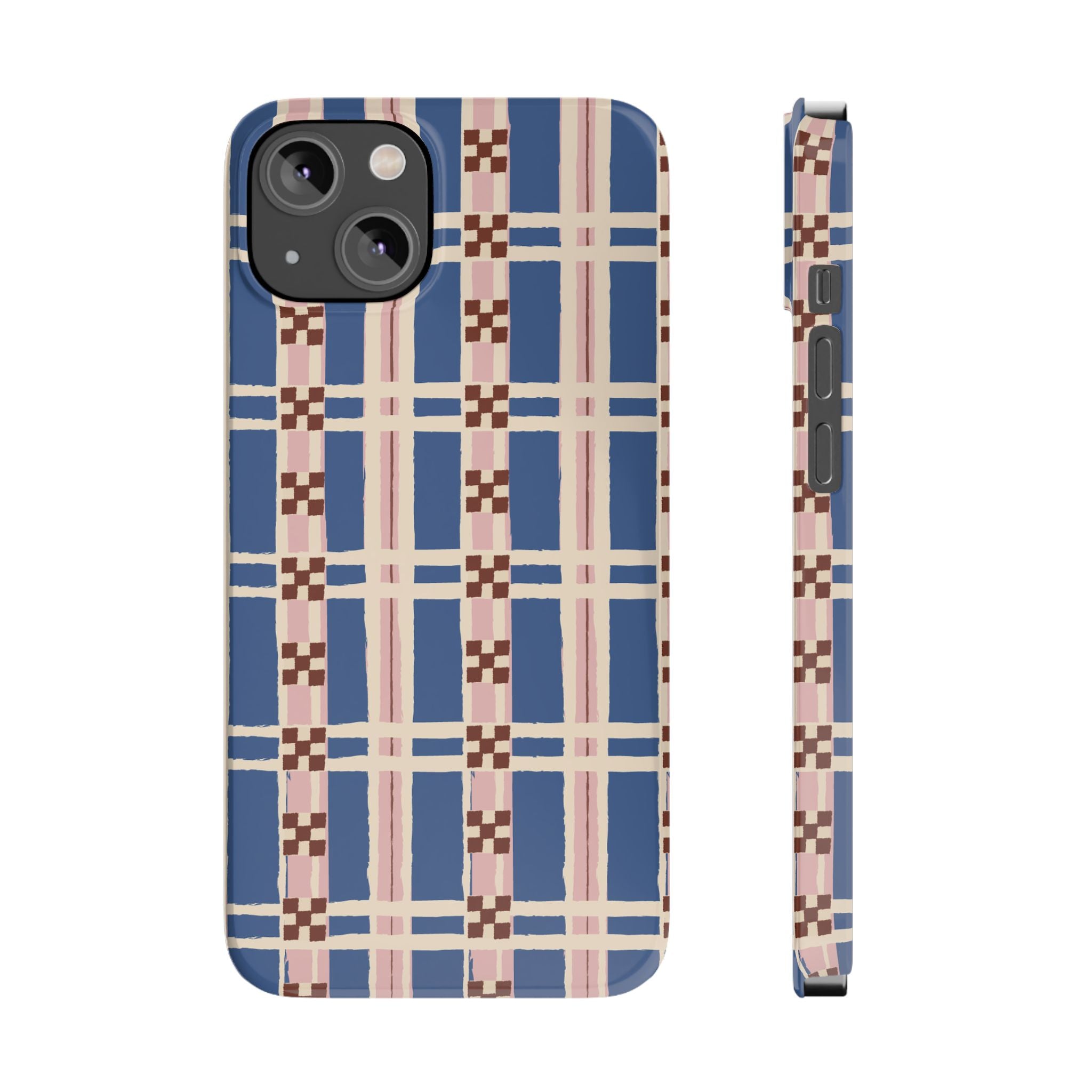 Slim Phone Case — Blue & Pink Retro Plaid Pattern