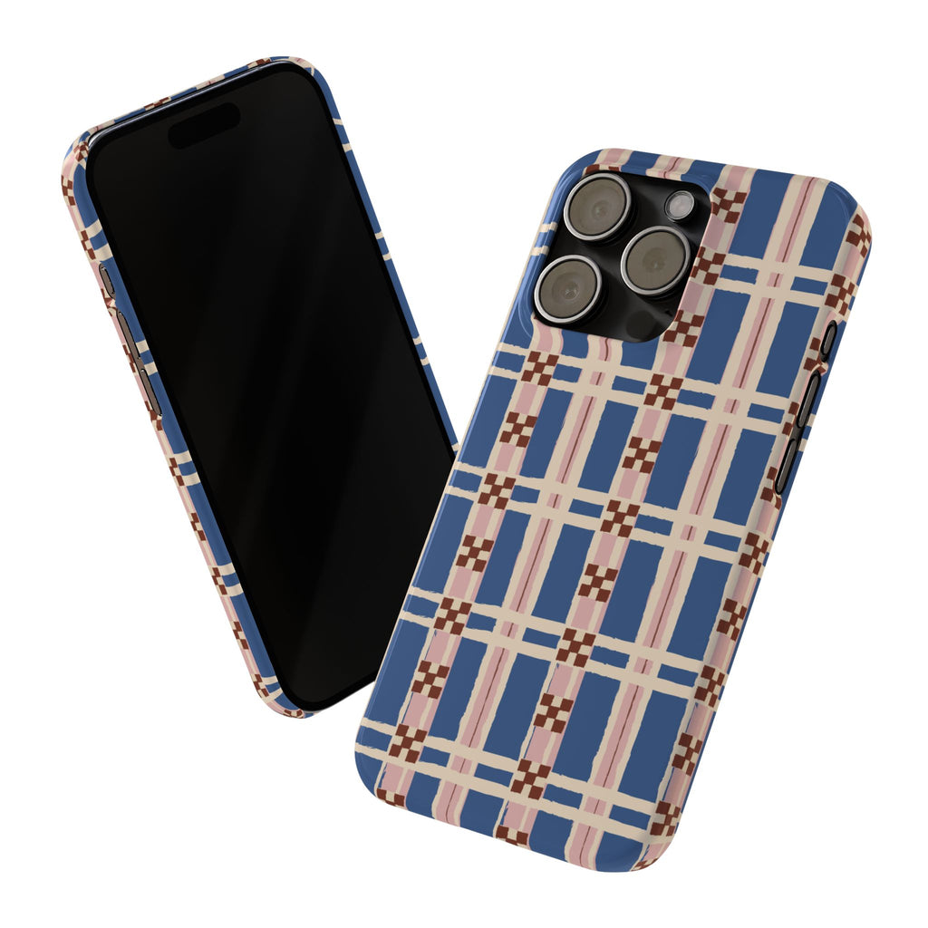 Slim Phone Case — Blue & Pink Retro Plaid Pattern