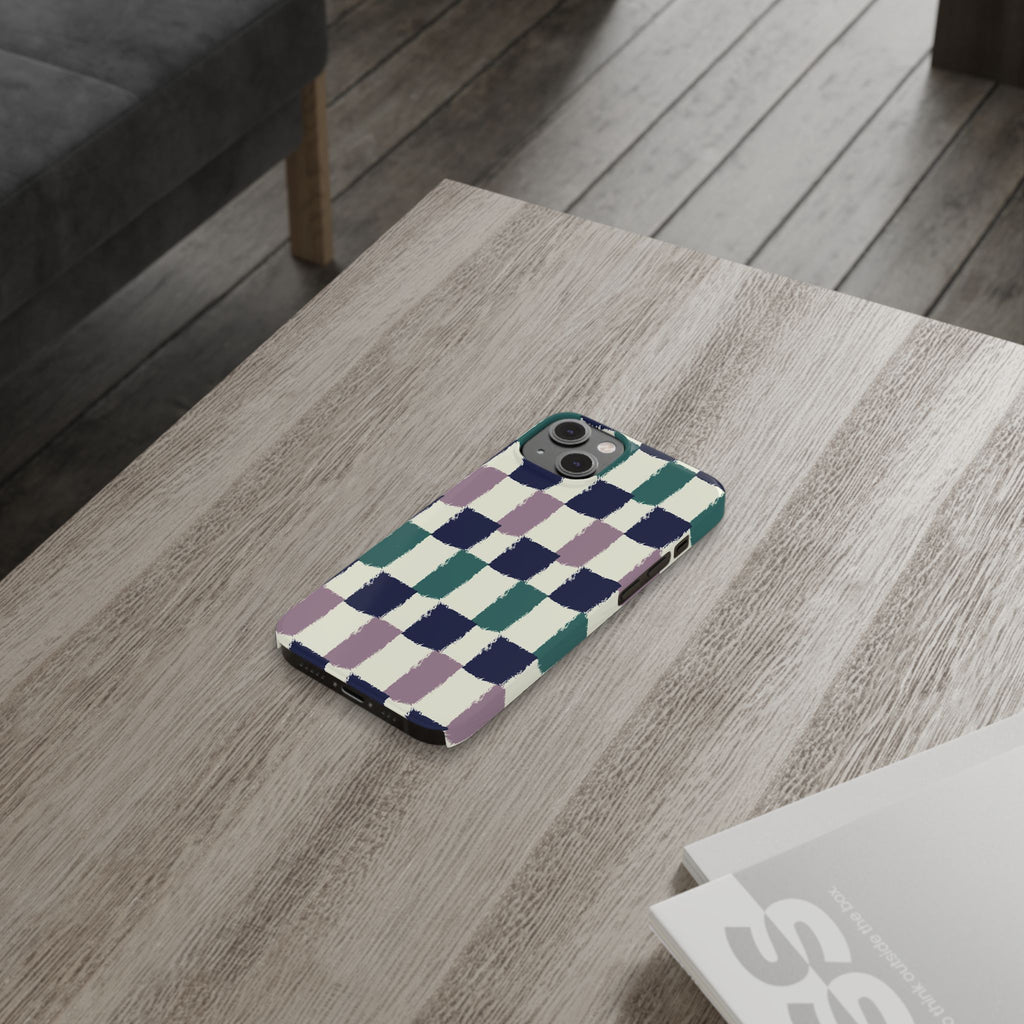 Painterly Check Slim Phone Case — Hand-Painted Navy, Teal & Lavender Grid