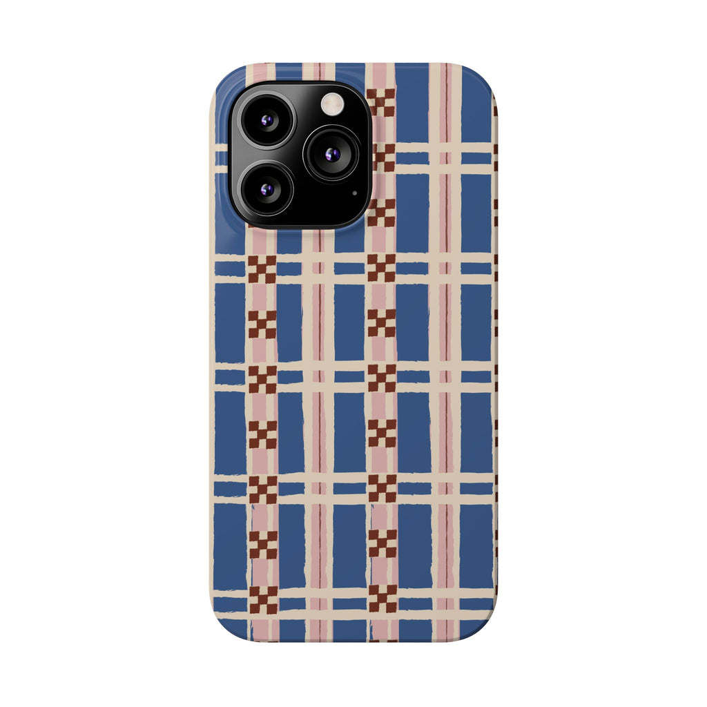 Slim Phone Case — Blue & Pink Retro Plaid Pattern