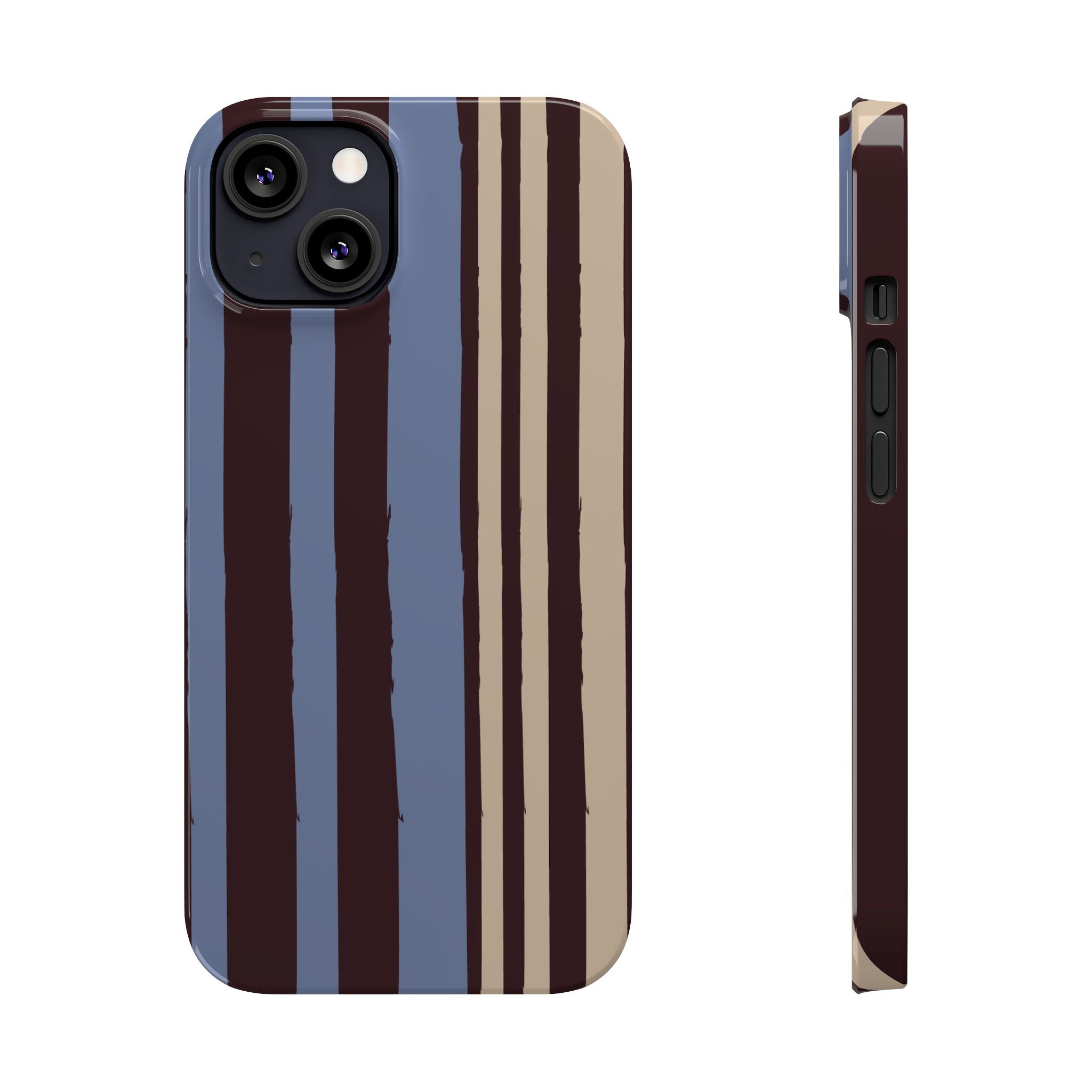 Retro Striped Slim Phone Case — Blue, Brown & Cream Vertical Stripes